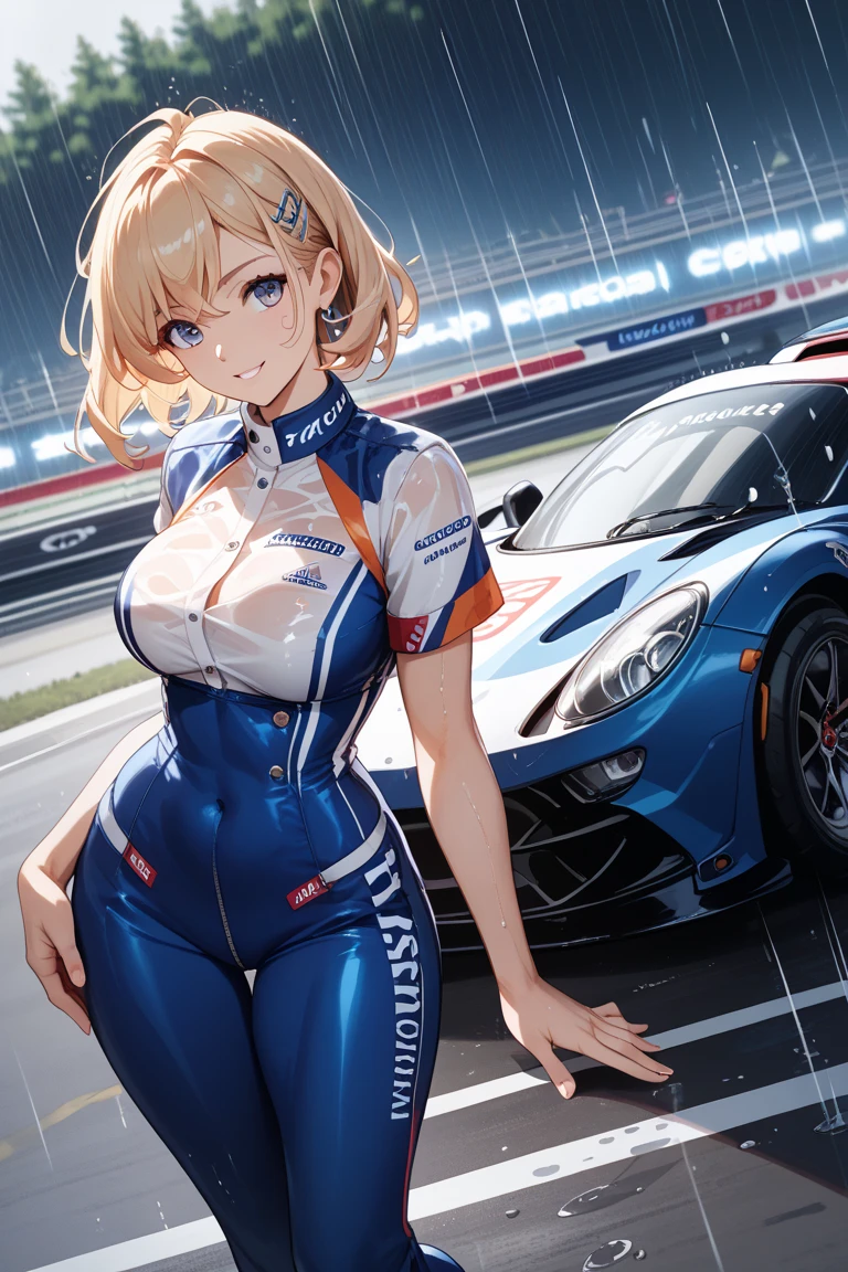 Highest quality, Great quality, 16K, Unbelievably absurd, Very detailed, 2.5D, delicate and dynamic,blue sky, Small face, Very delicate look, Delicate eye depiction, Very Fine Hair, Sexy Woman, Muscular, Height: 175cm, Blonde,Short Hair,Sexy long legs,Race Queen ,A sparkling smile、 派手なRace Queenのコスチューム,Tight Skirt, White Leather Long Boots, Auto Racing Track,Cinema Lighting, (Perfect glowing skin:0.6),Always high quality CG Unity 8K wallpapers