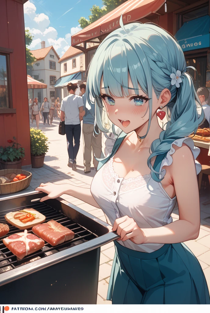 Anime Moe Art Style,Highest quality,High resolution,Anatomically correct,One Girl,Mid-teens,Girl with light blue hair in a ponytail,Very detailed,Fantasy-style world,Off-the-shoulder tops,mini skirt,Big Breasts,Rich expressiveness,Laughing with your mouth open,Riverbank,Having a barbecue,Detailed drawn eyes,hair ornaments,necklace,bracelet,8k