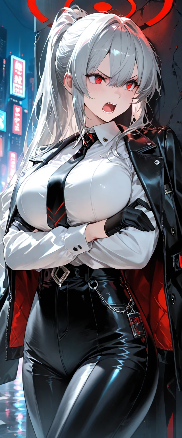 1girl in, adjusting clothes, bad-girl, Black Gloves, cleavage, earrings, Glasses, gloves, Jewelry, Lace, Lace trim, Large breasts, Lips, Long hair, Looking at Viewer, makeup, Parted lips, Red background, Red Eyes, Red lips, Round eyewear, Solo, Sunglasses, tinted eyewear, Upper body, White hair