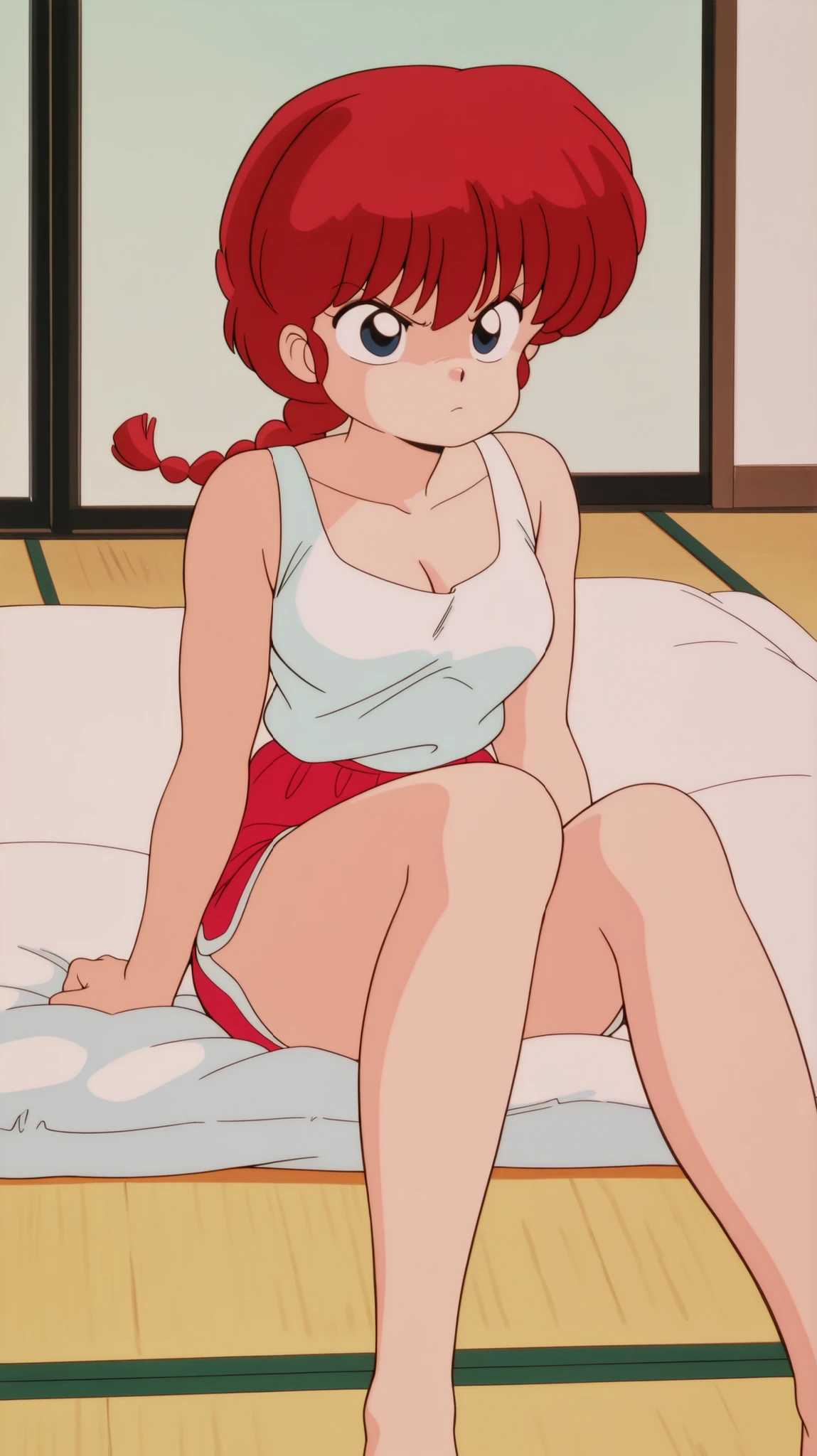 masterpiece , best quality , newest , absurdres , highres , detailed eyes , beautiful , detailed background , perfect eyes , anime coloring , retro artstyle , 1990s \(style\) , 1girl, solo, ranma-chan, red hair, long hair, single braid, blue eyes, medium breasts, white rank top, cleavage, gym shorts, barefeet, (sitting), (indoors, bedroom, on futon, tatami floor), angry, imminent fight