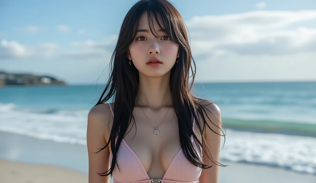 (masterpiece, ultra detailed, hyper detailed, exquisite, 8K, absurdres), (Raw Photography),(Photorealistic),(wearing at alluring pink bikini),woman, 28years old, glamorous,(G-cup chest) (No-makeup look:1.4), looking at viewer, medium hair, messy hair, diagonal bangs, brown hair, brown eyes, upper body, cinematic lighting, in focus with blurred background, on the beach