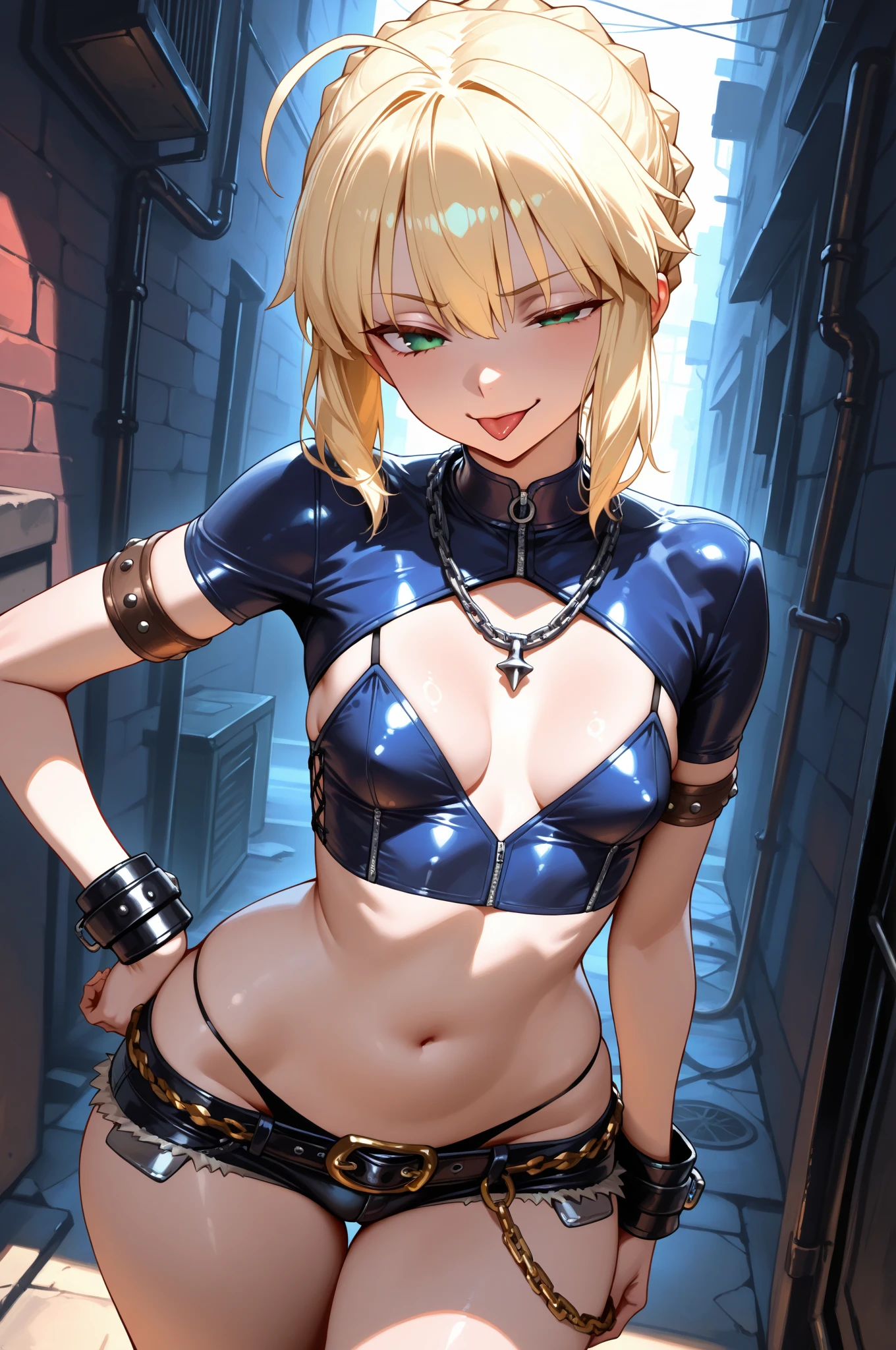 upper body, iris, 1girl, solo, breasts, black shirt, parted lips, blonde hair, blue eyes, looking at viewer, two-tone background