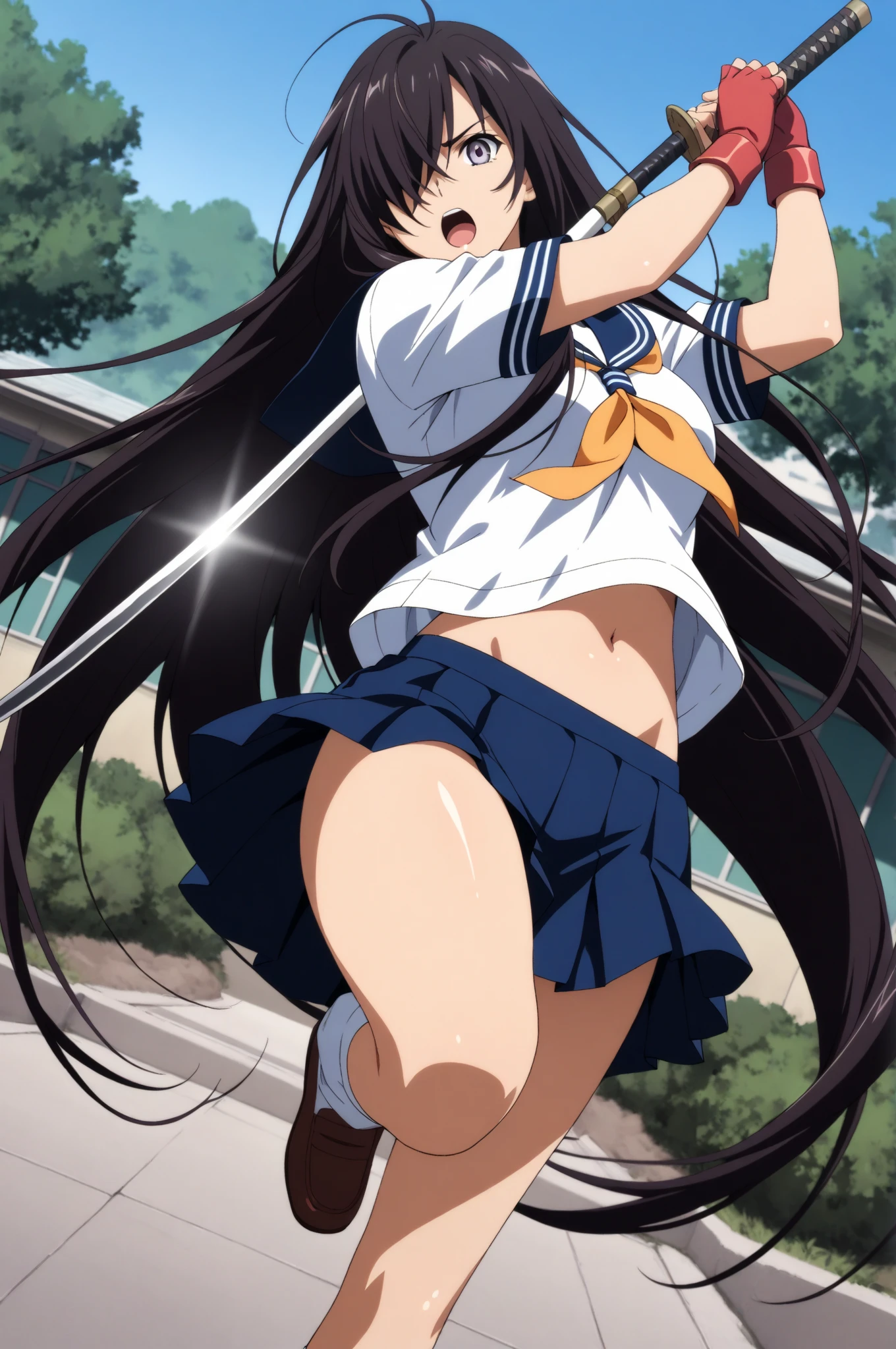Mizushima Asa, a girl with big breasts and beautiful legs, is standing in a bus wearing a white uniform with a miniskirt and showing off her blue and light blue striped panties.。Angle from behind。