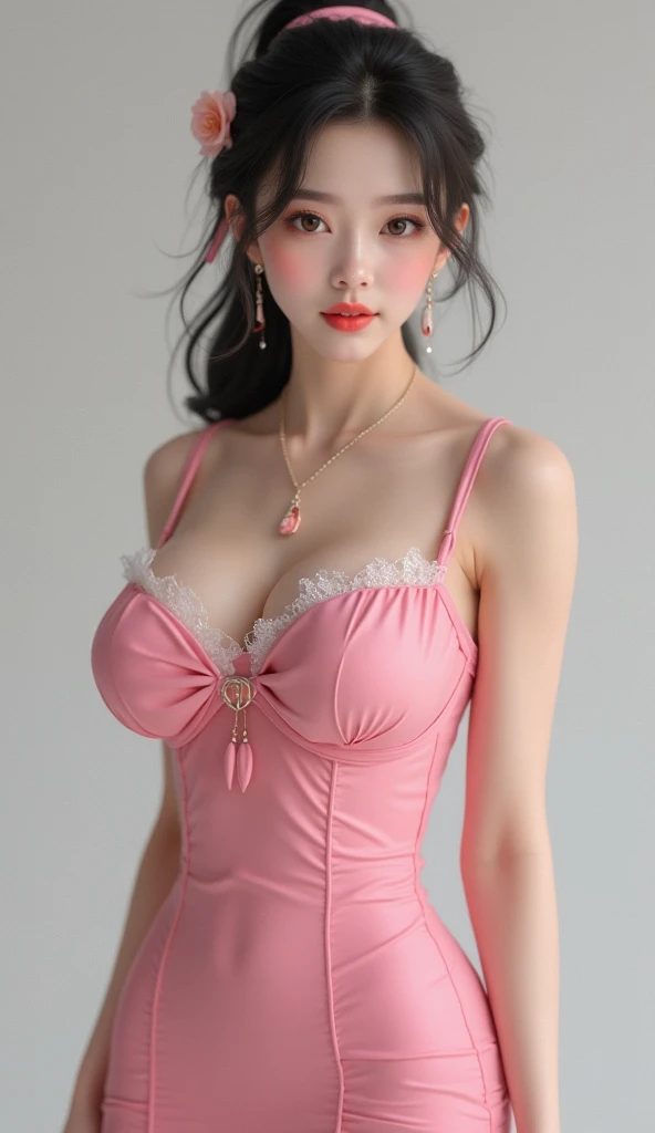 Black hair Jenny Kim, There is color at the end, brown eyes, beautiful eyes, Crying Eyes, beautiful, splash nose, watery nose, beautiful lips, pink lips, Heart and cupid shaped lips, beautiful 피부, Pale and white skin, Soft pink blusher on cheeks, soft pink makeup, I have a good neck, color shown, soft expression, with kiss necklace, While wearing a medieval corset, corset blanco medieval, beautiful corset, 날씬하고 beautiful 복부를 가지면서, Wearing red underwear, Little red knickers with white medieval corset, sexy (big bust, soft chest, beautiful 가슴), while doing a sexy pose, auto photo, looking at the camera