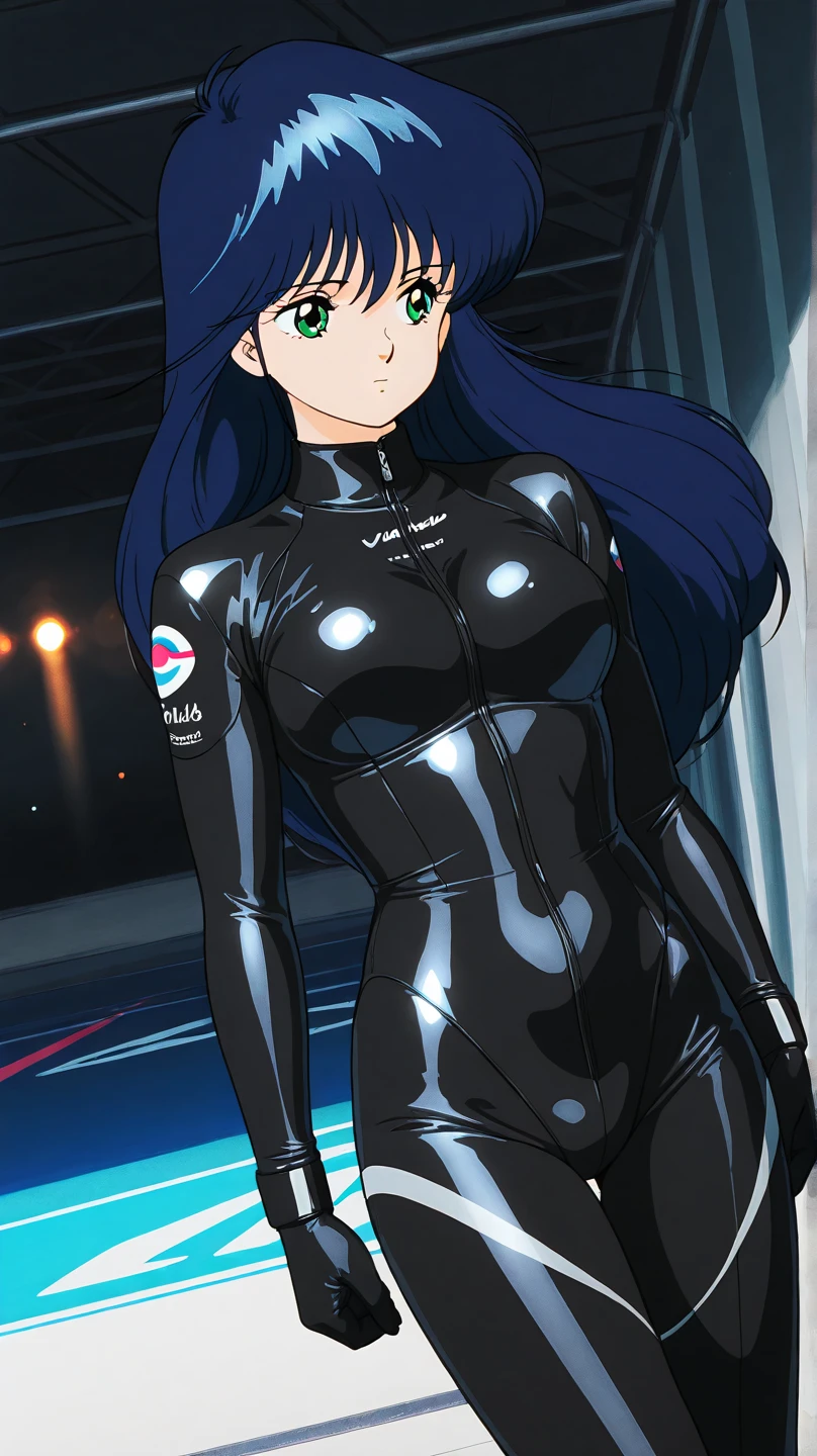 (a cartoon picture of a solo woman in a blue latex suit inspired by nico robin, tifa lockhart, oppai, wearing tight suit, marin kitagawa fanart, hinata hyuga, mayuri shiina,)drawn like the anime speed racer, seductive anime girl, character from king of fighters, thicc, biomechanical oppai, on a racetrack,a