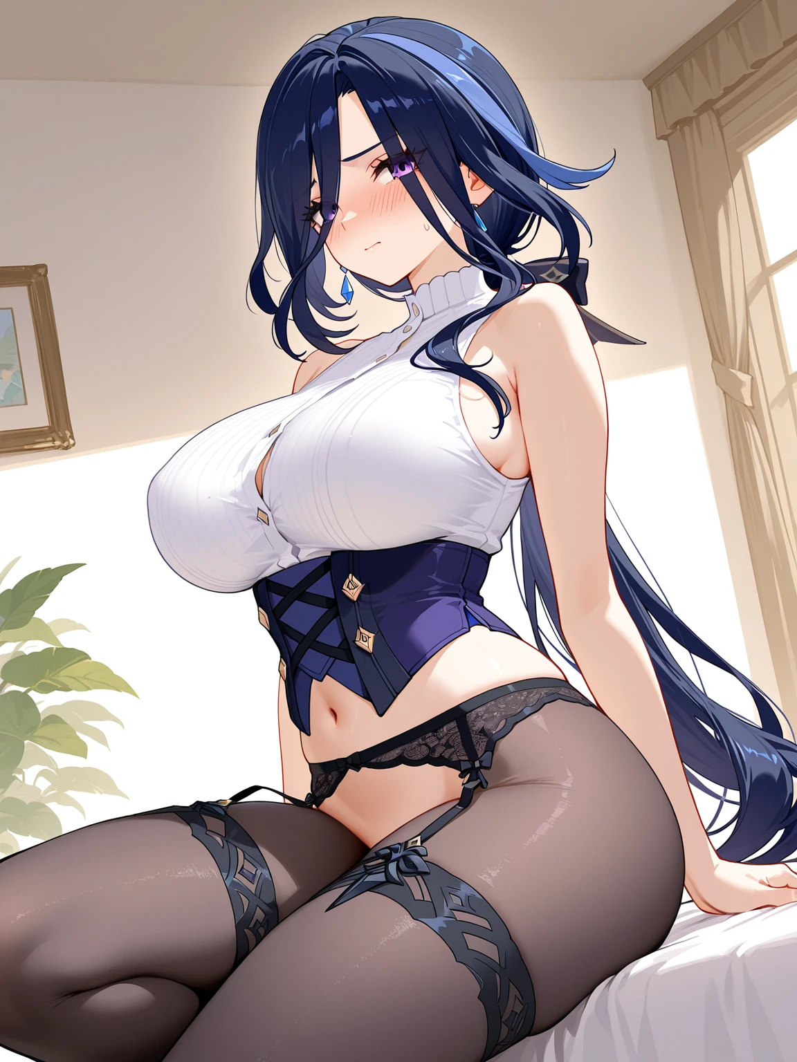 Very cute magician girl,(Large Breasts:2),Magic Hat,Perfect body,(Black long hair),(blue eyes),High Detail,high quality,(Blue tulle:1.5),(Navel:1.5),(Exposing breasts:1),(Black lace underwear),Shy,(Black tights:1.2),(Big Ass:1)