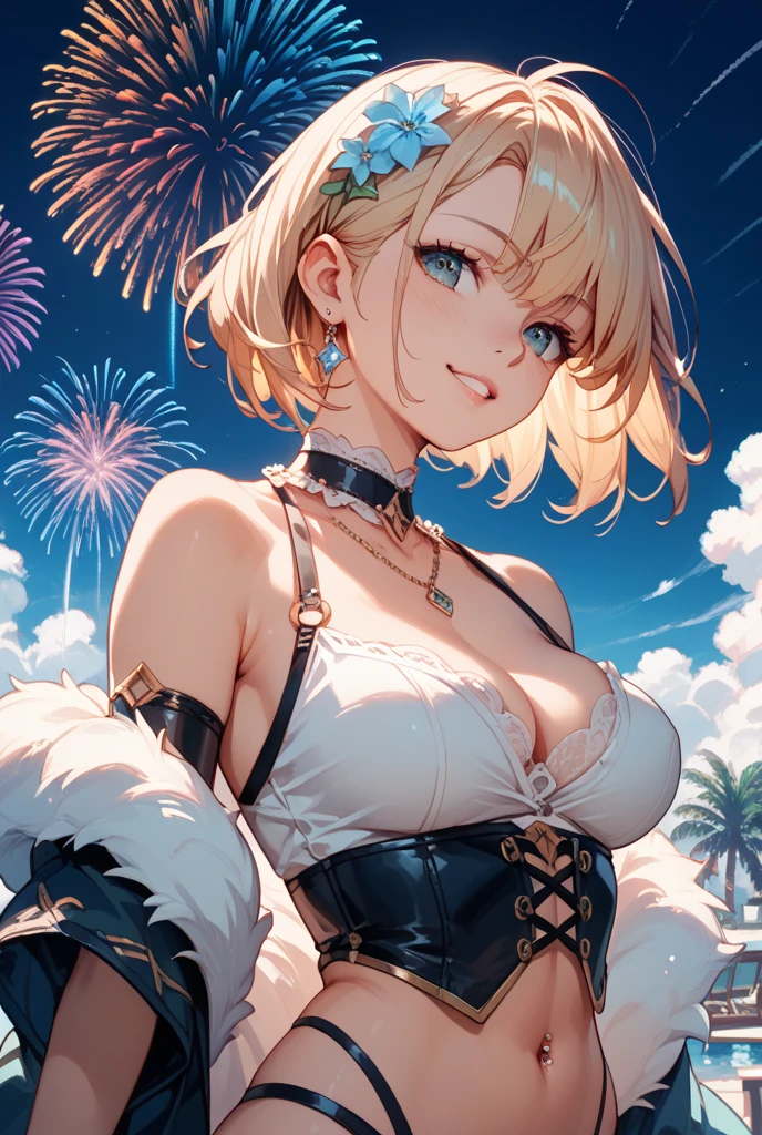 Illustrate a quantum-inspired celebration where 3D fireworks explode into multiple dimensions, accompanied by fractal ripples that signify the transition from 2023 to 2024, enormous tits