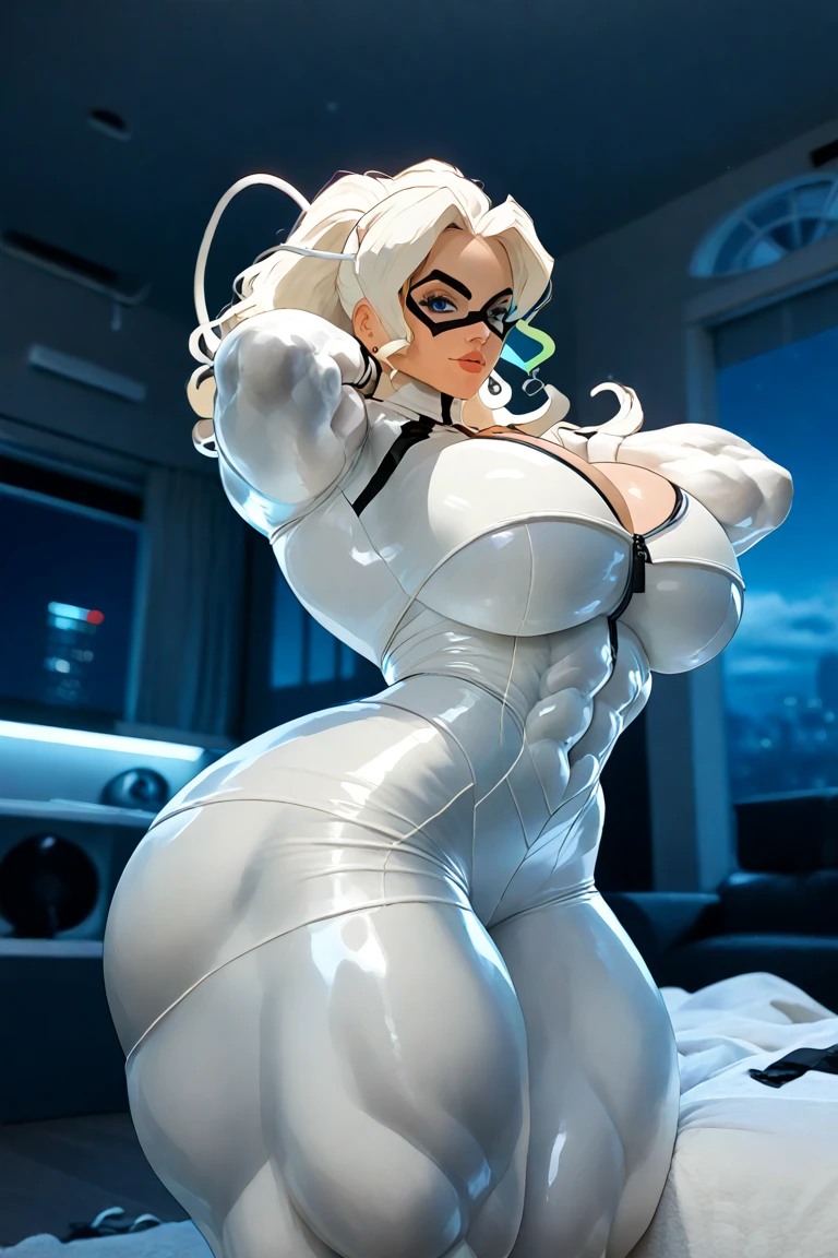 (best quality,4k,8k,highres,masterpiece:1.2), ultra-detailed, realistic eyes and face, detailed lips, long eyelashes, porning,Nsfw,Platinum blonde__hair color__, woman, huge breasts, and massive breasts, bedroom background, selfie,large fluffy white fur coat, blue dress, professional, 4K, HD, UHD, 8K, high detail,candycharms 