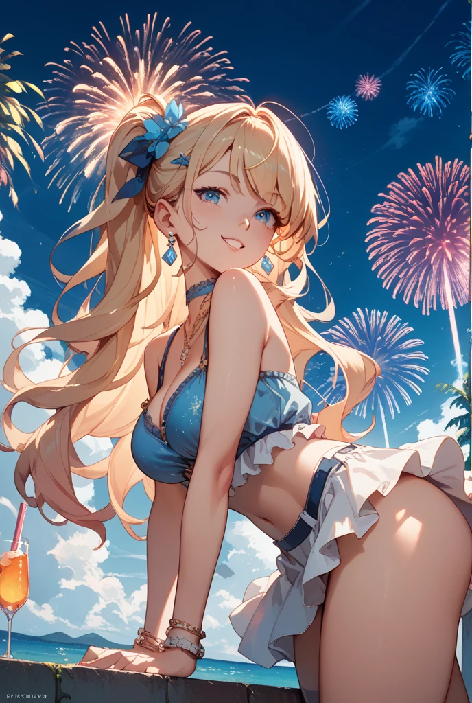 hight resolution, absurdres, best_Quality, Ultra_Detailled, 8K, extremely_clear, photo, beautiful, Beautiful face, Scharp Focus, HDR, 1girl, Clean eyes, very wide-eyed,sitting in front of an firework,hanabi , at night, Beautiful face , very seductive pose, very young,victorian styled negligee, Blond long hair with red pointys, pierced ears