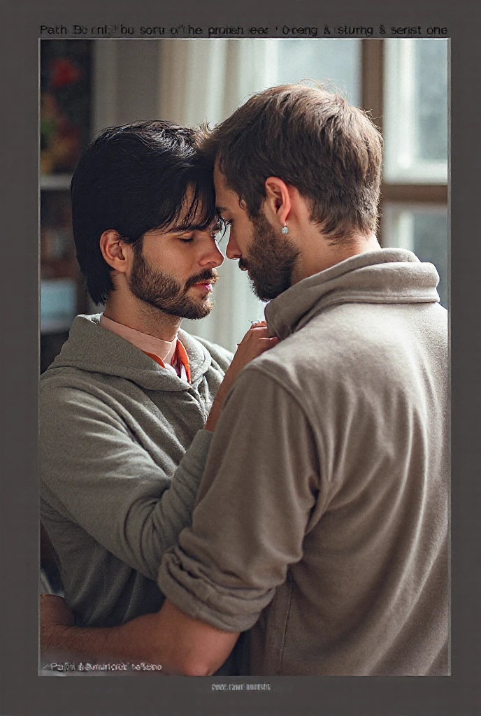 Attractive passionate gay couple on kitchen face to face