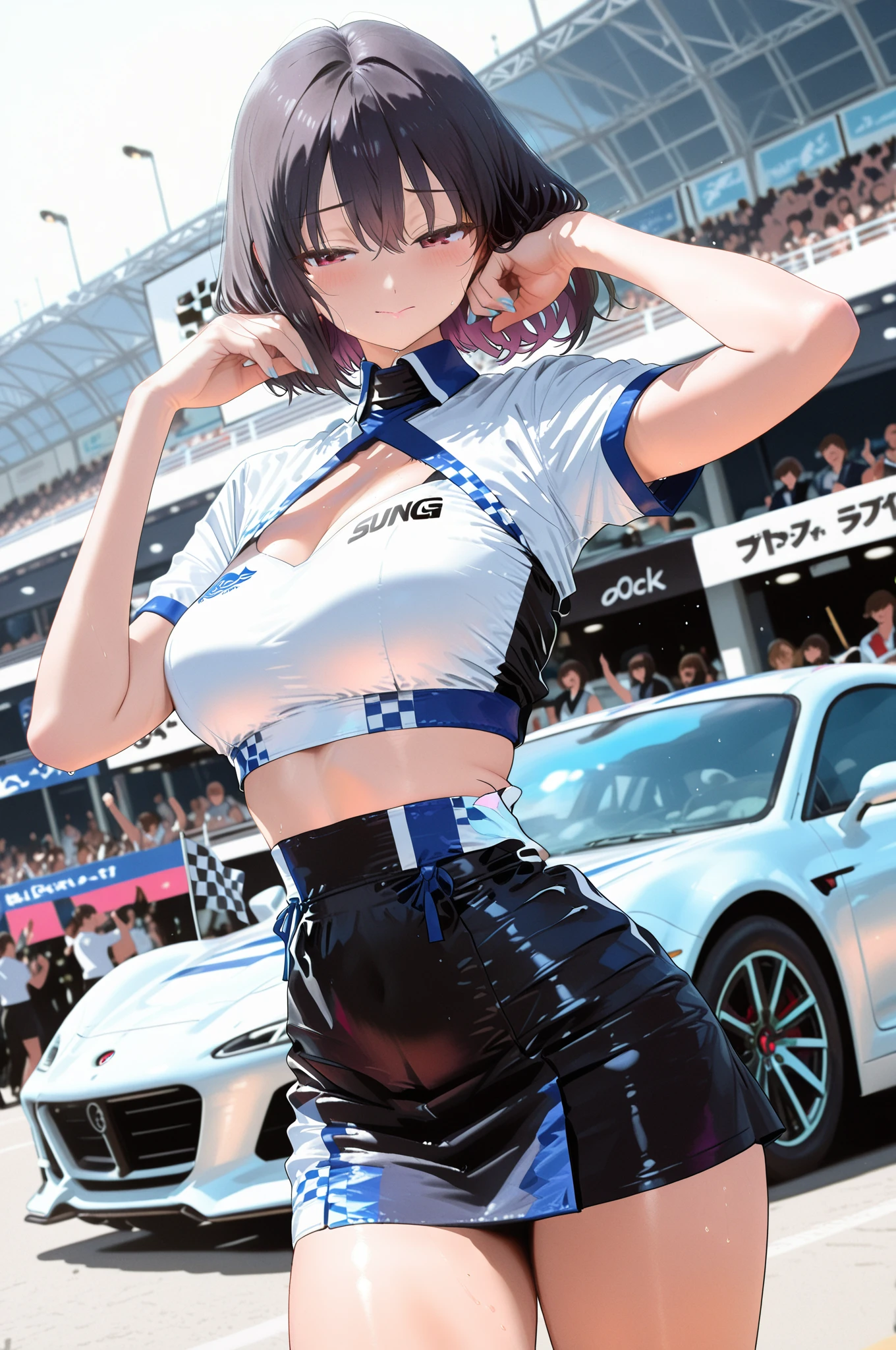 highest quality、Nice sexy body、One Woman、solo、(Beautiful busty woman:1.5)、Medium hair woman、((Woman with dark red hair))、Race Queen、Campaign girl、A woman wearing a blue patent leather short top、A woman wearing a top with a logo、A woman wearing a blue patent leather miniskirt、A woman wearing brown pantyhose、Standing woman、event venue、motor Show、smile、Sexy pose