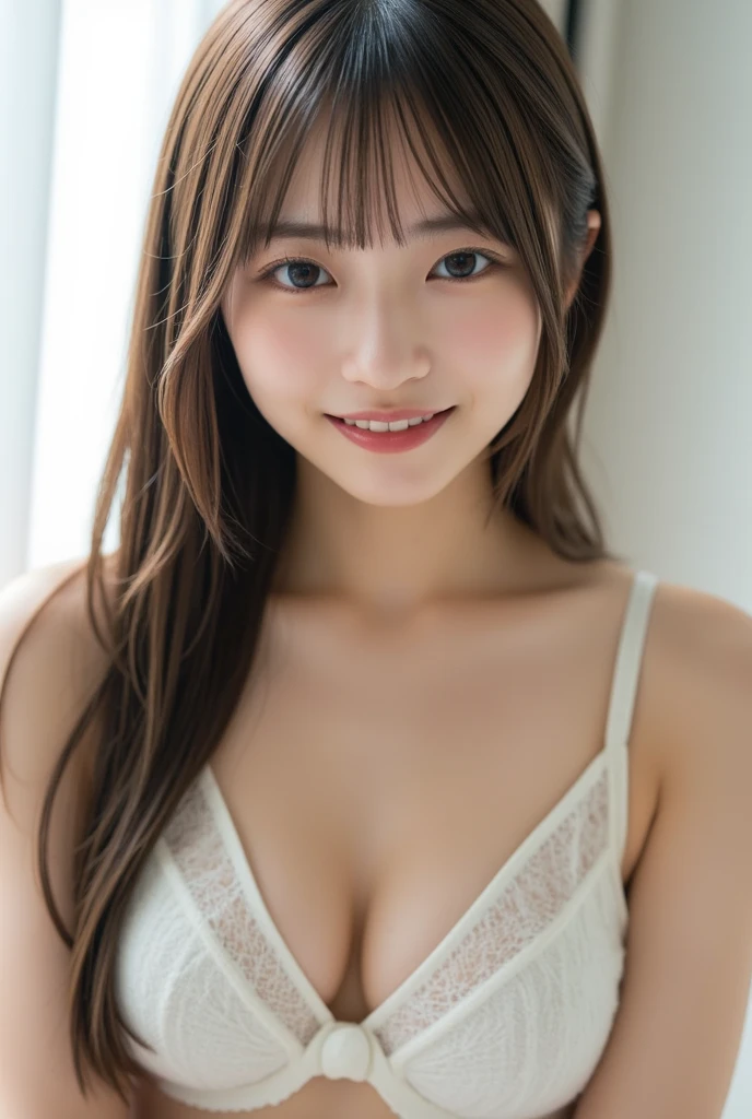 ((best quality)), (masterpiece), ((8K)), (photorealistic:1.4), (1 girl), 17-year-old girl, Standing, (Full Body Shot:1.3), ((slender)), Young and cute idol, Detailed eyes, Very beautiful face, Very well-formed face, Shy Smile, A vivid face, medium long hair, light brown, Shiny Hair, bangs, nsfw, Full body naked, nipples, pubic hair, ((small breasts:1.4)), ((flat chest:1.4)), Hotel Suite