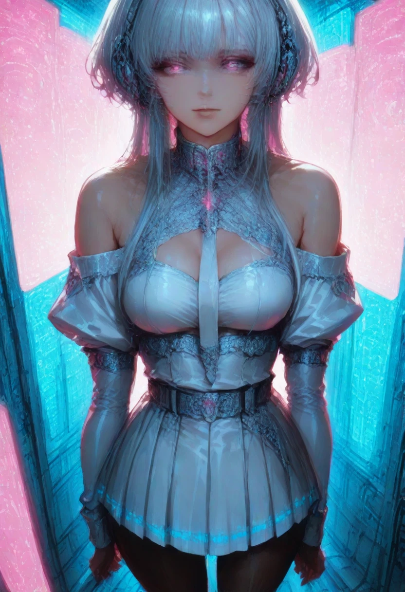 (best quality, high resolution, masterpiece:1.2), Super detailed, Beautiful and delicate lake green eyes, Beautiful and delicate lips, extremely detailed face, super long hair, 1 girl, Beautiful girl with aqua hair, Wearing a glow dark blue nun costume, Lace platinum nuns headscarf, (gold ornaments), ((golden and silver pattern)), (Glowing pink pattern:1.37), (Glowing light blue pattern:1.37), (complex pattern:1.37), Lovely, attractive, portrait, delicate eyes, ancient tranquil church, (Luminous clothing design:1.47), Luminous earrings, Reflective pupil, see-through clothing design, empty, chiffon, lace, black gloves, Cubist Futurism, anime, 8K, textured skin, UHD, ccurate