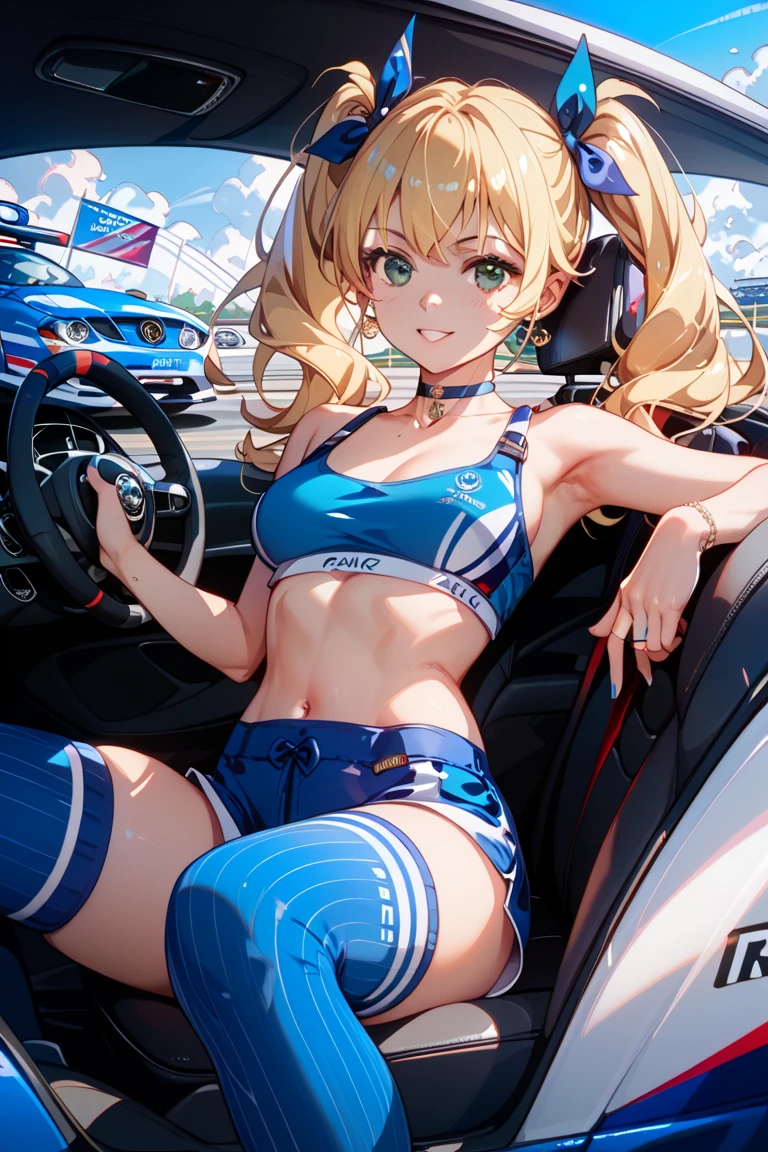 1 girl、solo、Long Hair、chest、Staring at the audience、blush、smile、Blonde Hair、大きなchest、belly button、chestの谷間、Sitting、Close your mouth、Green Eyes、Swimwear、Short sleeve、bikini、Thighs、Outdoor、Open clothes、null、Glasses、Shorts、choker、noon、cloud、stomach、青null、Shorts、Underbust、（黒眼帯bikini）、High leg、黒choker、黒Shorts、Hair Intake、地上car両、自動car、car、Open Fly、Confetti、High legbikini、Micro Shorts、Race Queen