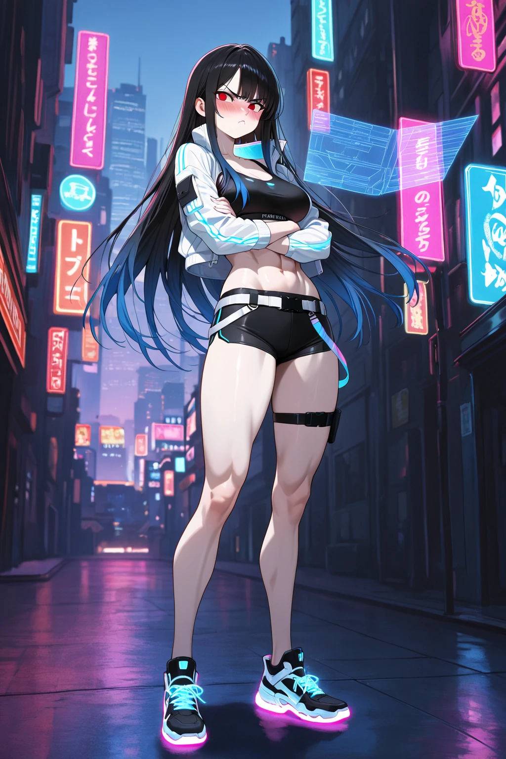 (masterpiece:1.37), best quality, (extremely detailed:1.37), woman, (very long hair:1.5), dark purple hair, purple eyes, (extremely detailed eyes:1.37), (wetting self:1.25), large breasts, stylish jacket, multicolored jackt, jeans, cleavage, navel, city, high-tech, street, full body