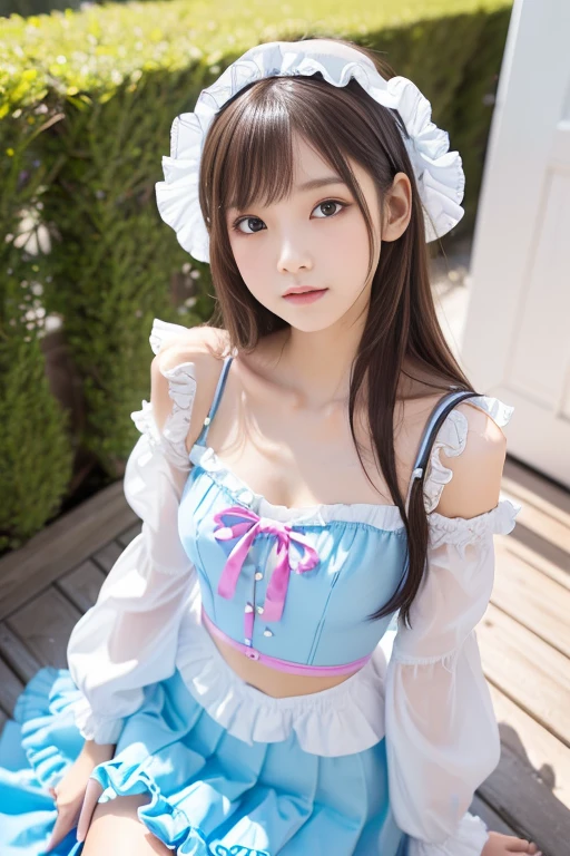 A Japanese woman wearing sweet Lolita fashion in a light blue color. She has large, almond-shaped eyes with an intense gaze. The scene should emphasize the intricate details of her outfit, highlighting the frills, bows, and lace typical of sweet Lolita fashion. The overall atmosphere is cute and elegant, with a focus on the pastel blue tones of her clothing and the captivating features of her eyes.