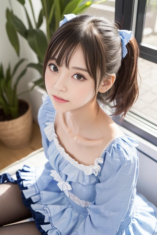 (masterpiece, highest quality, Super detailed, detailed face, 8k)、smile、one girl,, , (pastel blue ruffle shirt:1.3),(pastel pink cat ears:1.3) , extremely fine transparency, (symmetrical eyes:1.3), , (Bedroom:1.3), perfectly trimmed fingers, , , brown eyes, parted bangs, brown hair, , (Eye and face details:1.0), , slim、flat body、cute、、small breasts、pastel blue and pastel pink background、place both hands on the floor