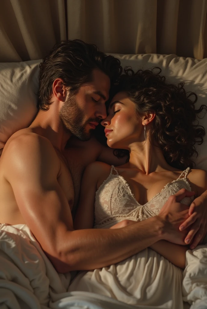 (photorealism:1.2), Beautiful very Young Srilankan Girl, Nude, Lying on Bed and Kissing with a Old Man, Passionate, Dim light in the room.