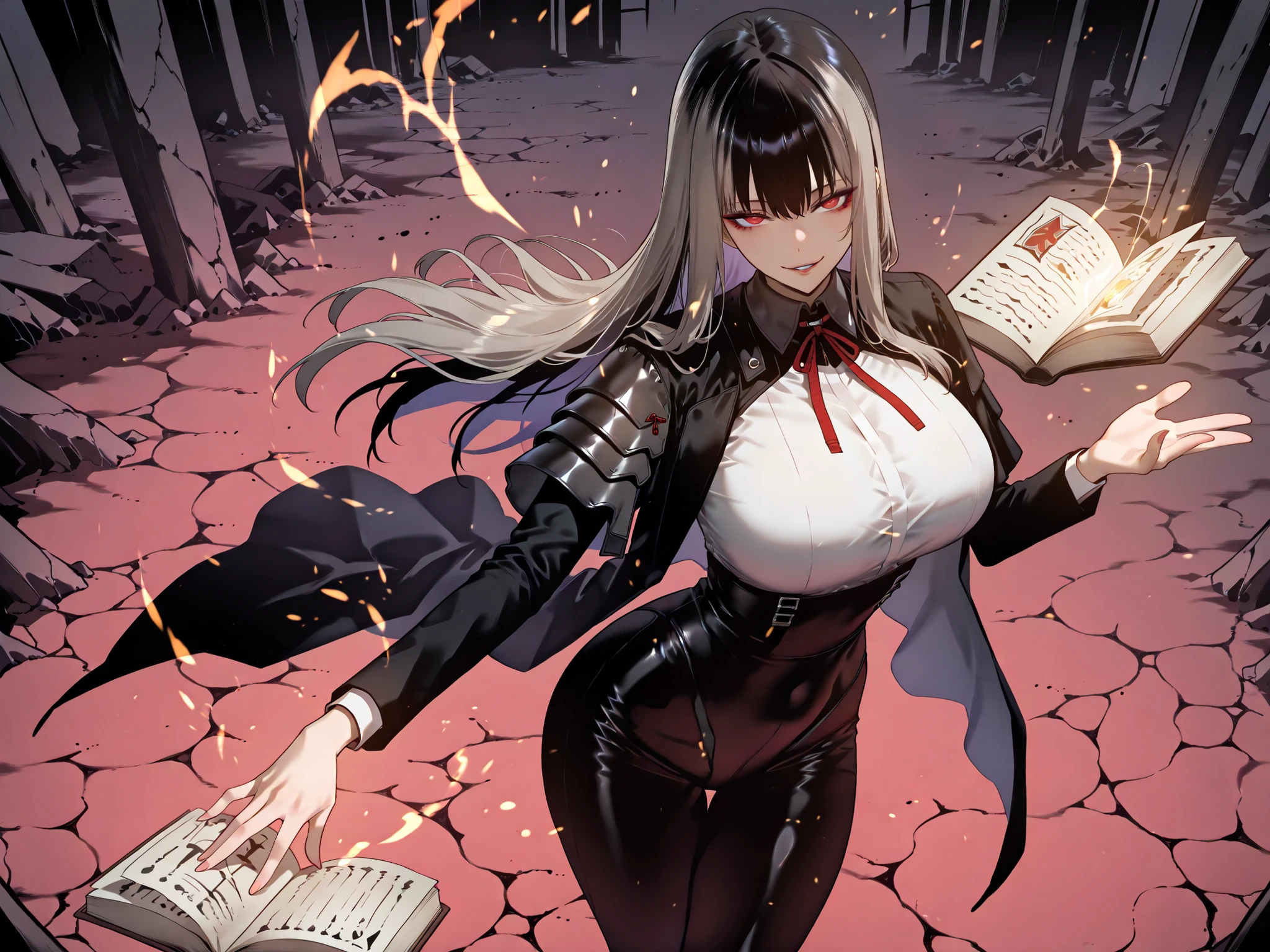 Ball of Light、雷magic、taken from above、caveの中、Ruins、black suit、black longsuit、 black long jacket、ゴスロリなshirt、Depressed、Tall Woman、A woman in her thirties、 Alassah's woman、Steins;Gate、 black longsuit 、score_9, score_8_up, score_7_up, Source_anime,masterpiece、No expression、no makeup、top quality,beautifully detailed eyes in a logistics warehouse, Exquisite Eyes、A sophisticated eye、highly detailed eyes and faces,unmotivated expression、lethargic face、 long breasts, Black Jacketを羽織る、Black Jacket、shirt, big saggy breasts, shockingly big breasts, big breasts,big boobs、boobs 、Zitoida, makeup、no makeup、long hair、smooth straight hair、black slacks、tall woman、Tall Woman、plump thighs, parted lips、 shining eyes,(Fire Aura Onkown),dungeon内、Crimson Eyes、long hair、dark haired、黒い髪、Long Straight Hair、dungeon、cave、Ruins、solo、soloプレイヤー、Wide ass、beautiful butt、and stick your butt into the focus of your butt、long boots、Shoulder Armor、Fearless Laugh、strong、Is confident、suit pants、黒いlong pants、Black Skinny、long pants、Dynamic、Satu、fight、Satu狂、俺だけレベルupな件、arrogant、 Confidence々The smile 、bewitching smile、Sadist、Satu中、hunting、hunting、intimidating、magic使い、magic、Spell Book、magic、Spell Book、magicの本、Floating Book、floating book、Pearl of Light、Light Ball、 Floating Books、Flying Book、左手にmagicの玉、plasma、plasma球、Glowing sphere、Flying Book