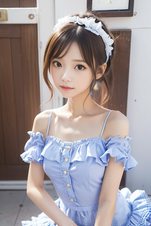 Sixteen years old, Japanese girl, Summer Dresses, (Face focus) ,   Hair band,  , (High color saturation:1.0),  (Highly detailed skin), (best quality:1.0), (Ultra high resolution:1.0) ,(Take realistic photos:1.0), (very detailed:1.0), (8ก, raw photos:1.1), (smile:0.7)