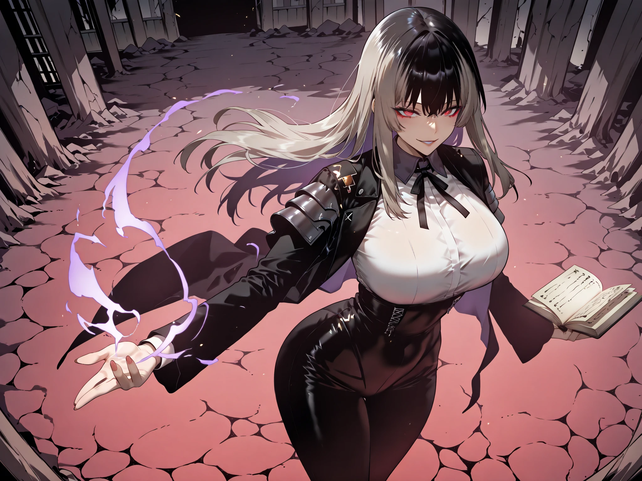 Ball of Light、雷magic、taken from above、caveの中、Ruins、black suit、black longsuit、 black long jacket、ゴスロリなshirt、Depressed、Tall Woman、A woman in her thirties、 Alassah's woman、Steins;Gate、 black longsuit 、score_9, score_8_up, score_7_up, Source_anime,masterpiece、No expression、no makeup、top quality,beautifully detailed eyes in a logistics warehouse, Exquisite Eyes、A sophisticated eye、highly detailed eyes and faces,unmotivated expression、lethargic face、 long breasts, Black Jacketを羽織る、Black Jacket、shirt, big saggy breasts, shockingly big breasts, big breasts,big boobs、boobs 、Zitoida, makeup、no makeup、long hair、smooth straight hair、black slacks、tall woman、Tall Woman、plump thighs, parted lips、 shining eyes,(Fire Aura Onkown),dungeon内、Crimson Eyes、long hair、dark haired、黒い髪、Long Straight Hair、dungeon、cave、Ruins、solo、soloプレイヤー、Wide ass、beautiful butt、and stick your butt into the focus of your butt、long boots、Shoulder Armor、Fearless Laugh、strong、Is confident、suit pants、黒いlong pants、Black Skinny、long pants、Dynamic、Satu、fight、Satu狂、俺だけレベルupな件、arrogant、 Confidence々The smile 、bewitching smile、Sadist、Satu中、hunting、hunting、intimidating、magic使い、magic、Spell Book、magic、Spell Book、magicの本、Floating Book、floating book、Pearl of Light、Light Ball、 Floating Books、Flying Book、左手にmagicの玉、plasma、plasma球、Glowing sphere、Flying Book