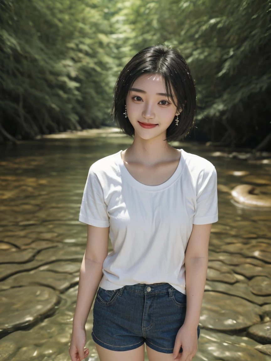 (Ultra-realistic), (figure), (High resolution), (8k), (Very detailed), (Best figure), (Beautiful and detailed), (Highest quality), (Super detailed), (masterpiece), (wallpaper), (Detailed face), alone, One Girl, watching viewer, Trendy clothes,White T-shirt、Less exposure、Fine details, Detailed face, In the Dark, Deep Shadow, Modest, Pure Erotic Face Ace_v1, cool, short hair, Pointed diagonal bangs,In a beautiful forest、stream、Water Play、Soaking wet、Wet Hair、Lost in Thought