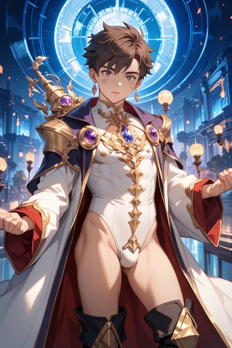 score_9, score_8_up, score_7_up, source_anime, 1boy, solo, male focus, tgrants, brown hair, hair over one eye, brown dress, bare shoulders, detached sleeves, white gloves, red thighhighs, standing, surprising, blushing, crotch tremor, (erection under clothes), cowboy shot, looking down, potion room,