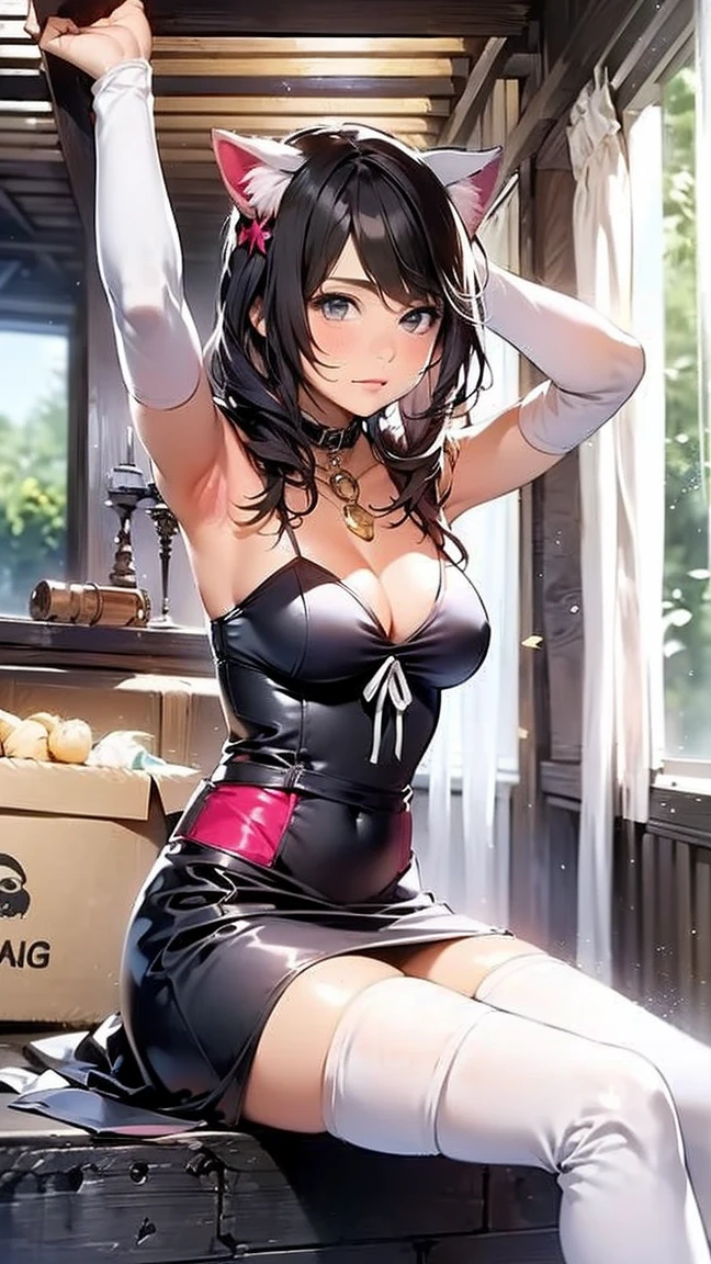 squatt, (women&#39;s costume), (Open the chest, Red bra top), (black pantyhoses), high-heels, supermarket, (tmasterpiece),((ultra - detailed)), (Highly detailed CG illustration),(face expressionless), (Best quality at best:1.2),(1个Giant Breast Girl:1.2),High quality texture, Complicated details, Detailed texture, Highqualityshadow, realistic facial expressions, Delicate, beautiful and delicate face, Delicate beautiful and delicate eyes, brown eye pupils, Face with perfect proportions, depth of fields, opinion,in her 20s, rosto magro, (largeeyes:1.2),Be red in the face,glossy lips, perfect bodies, slimification, (Willow waist:1.3), Bigchest, distinct_Image olow skin), focused only, (Brown hair), (Striped hair), light source contrast, ((Medium hair)), (Pure love face_v1:0.5) , (ulzzang-6500-v1.1:0.5),