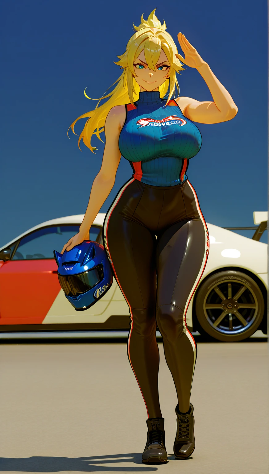(best quality). (Ultra Detalhado). (1girl), Olhando para o Viewer. (Antecedentes detalhados). belos olhos detalhados. rosto delicado e bonito. (high saturation), seios grandes, droopy breasts, (((sexy racing outfit))), big breasts,