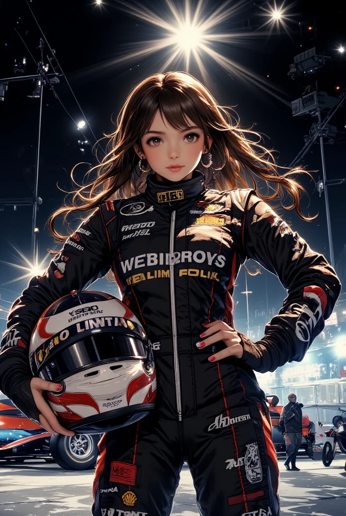 (masterpiece, detailed racing illustration:1.2), the Racing Queen exuding confidence and speed, (joyful smile as she crosses the finish line:1.1), (streamers and confetti filling the air:1.2), clad in a sleek and aerodynamic racing suit, (trophy glinting in the sunlight:1.1), basking in the glow of victory, (bright banners proclaiming her win:1.1), a sense of accomplishment and triumph, celebratory pose, vibrant color palette with racing accents, an exhilarating depiction of the racing queen celebrating her well-deserved victory. <lora:Painted_poster_V1-000035_1_pp:0.75> Painted poster <lora:cool girl_20230913102000:0.5> cool girl, racing car in background<lora:EF-GoodHands-beta2:0.5><lora:EF-GoodHands-beta2:0.5>