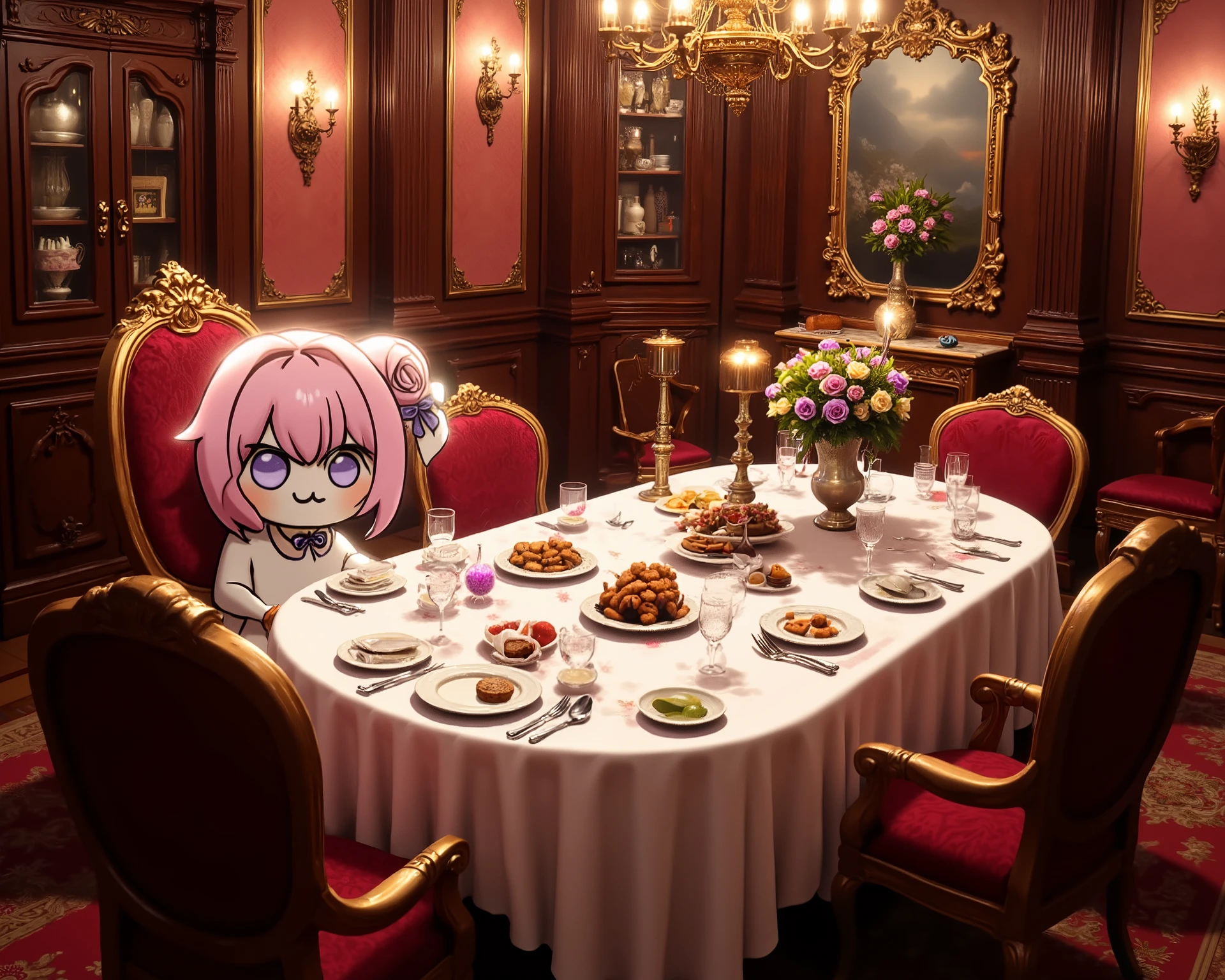 score_9, score_8_up, score_7_up, score_6_up, source_anime, (absurdres), (((128K Ultra High Resolution))), (masterpiece, best quality: 1. 5), (high definition: 1, 3), (highres), 8K wallpaper, (excellent graphics: 1. 5), CG, (best illustration, highly detailed artwork: 1. 5), (hyper realistic: 1. 5), ((cinematic)), dramatic lighting, (intricate detail, extreme detailed, super detailed, exquisite details: 1. 5), (beautiful & aesthetic: 1. 5), (photoreal), (((very gorgeous and dazzling))), (solo), (((small Doro))), Doro, creature, :3, (chibi), (pink hair, purple eyes, hair bun, hair bow, four legs, white skin, solid circle eyes, no pupils), no humans, (a feeling of warmth), (Doro in fine dining restaurant: 1. 5), (baroque atmosphere, elegant dining room), (antique dining table with lace embroidery tablecloth), (high quality decoration: 1. 5), (((luxury tableware, silver cutlery, silver candlesticks))), ((a vase full of flowers has been set on a table, dinner table flower decoration)), vintage persian carpet, (mountain of food on plate, good looking banquet food, elaborate banquet: 1. 5), ((Doro sits in a chair)), (((Doro smiles happily))), (happy moments: 1. 5), (luxurious background, realistic background: 1. 5), from side, wide shot