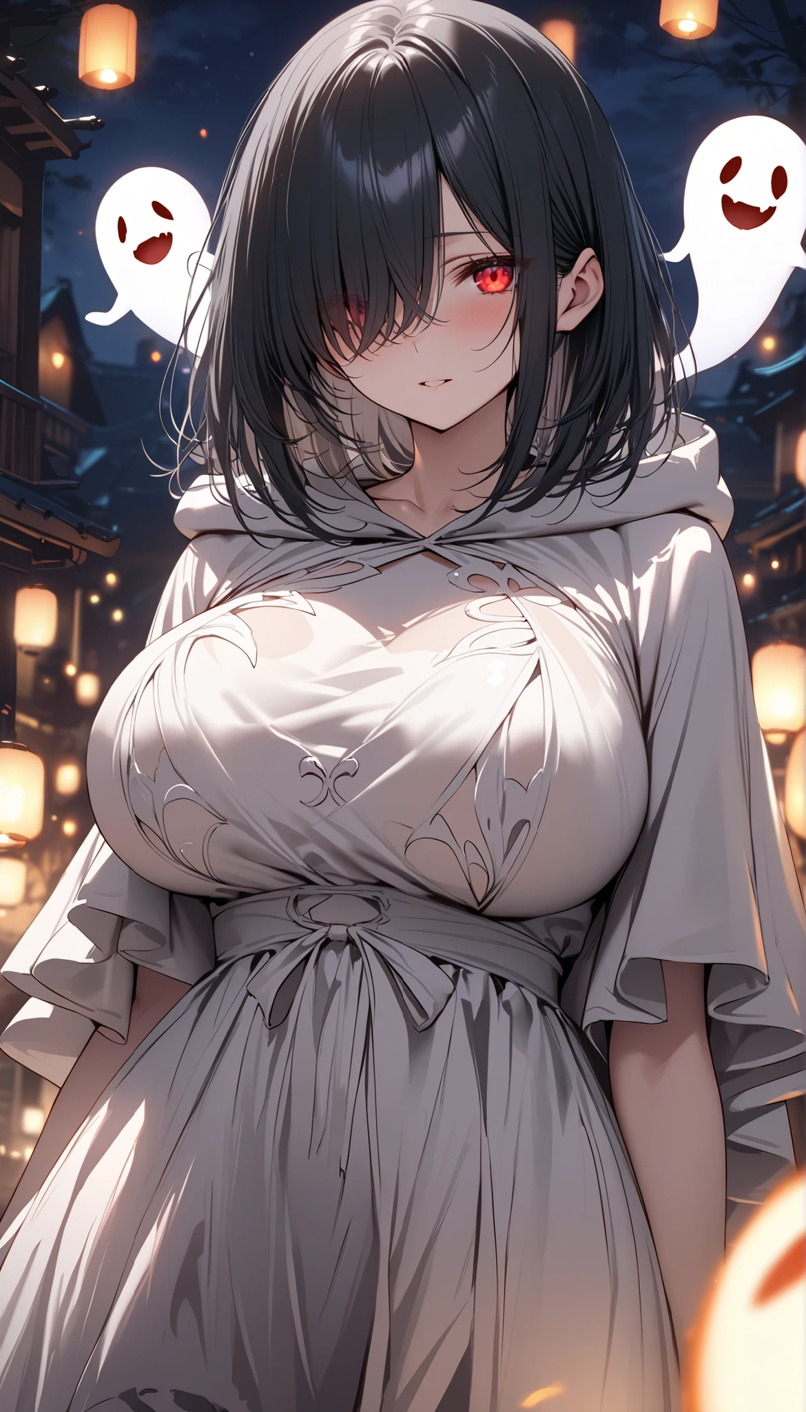 Highest quality , High resolution , Detailed CG , high school girl , short hair , Floral dress , Modest chest , Black Hair , Two limbs , Optimal ratio , Embarrassed expression , Burning cheeks , In town , Narrow alley at night , Nipples are visible , touching one's own breasts with one's own hands , facial expression during orgasm , Hide behind a utility pole