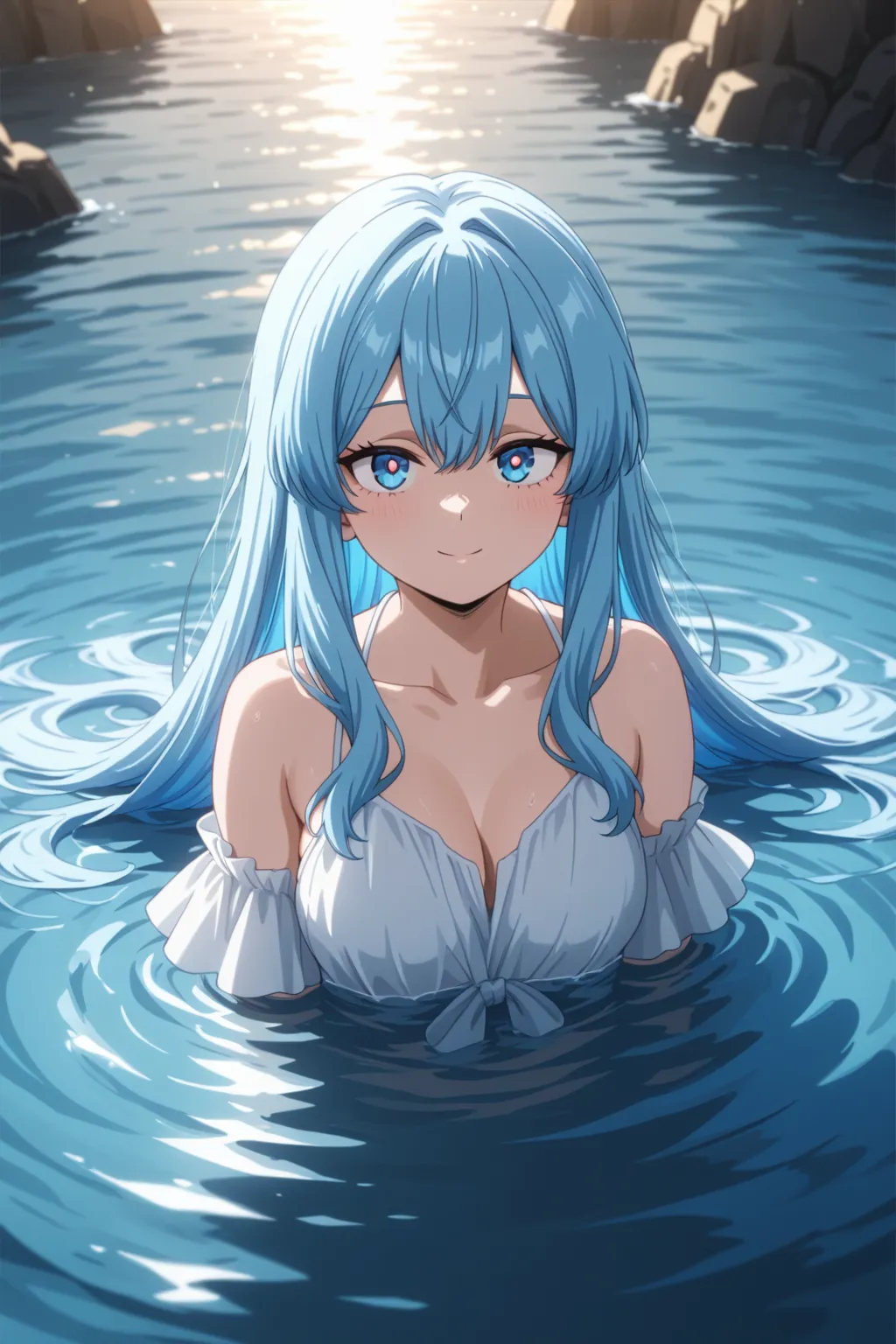 Aqua, 1girl,standing,posing,cowboy shot, ((nude:1.2)), hair rings, hair ornament, perfect quality, good quality, masterpiece, HDR, UHD,view from above,((light smile:1.1)),outdoors,sand beach,ocean water,((cum on face:1.2))