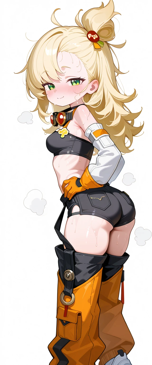 score_9_up, score_8_up, score_7_up, 1girl, solo, mature female, ((Angewomon)), (((long blonde hair, metal helmet))), angel wings, pink lips, parted lips, fit slim body,((perfect medium  breast)), (((tight white suit with gold bra))), ((roof of skyscraper)), perfect model body, looking at the viewer, squatting and showing her ass, looking back, from behind