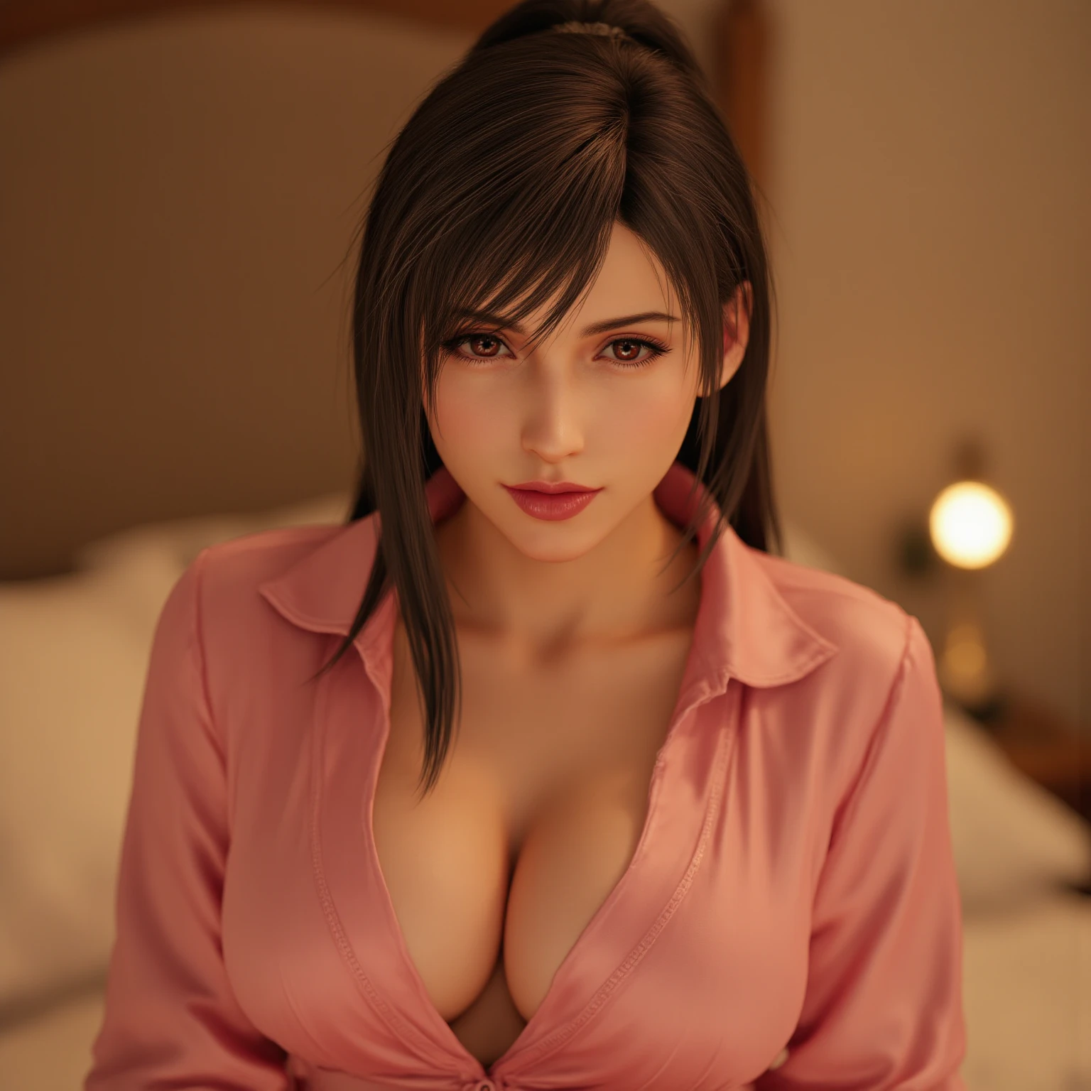 Tifa lockhart, implanted Big breast, ((long sleeve thin yellow dress that show body curve with a cleavage)),Game,1girl,Jewel ring,Gold chained round shape necklace,Hoopa earring,Bracelet,Big cleavage,topknot hair bun,((Beehive Bun style)) ,black hair,Curvy figure,Unnatural big breast,Cleavage,black color long nail,Swaying hip,Head to waist view,Sculpted calves figure,Thick tights,Wide hips,very big cleavage,Enchanced big breast,((Diamond wedding ring)),Aristoticat ring, Detailed eyes,Busty,don corneo mansion,Madam tifa,View from front,dangerous cleavage,semi sweetheart cleavage,Solo,looking at you,Dignified expression,Show off cleavage,detailed hands,Detailed eyes,Gaze on viewer,Curvy figure,hand in hip pose,Dangerous cleavage,High quality,((black hair)),diamond wedding ring,Extravagant rings