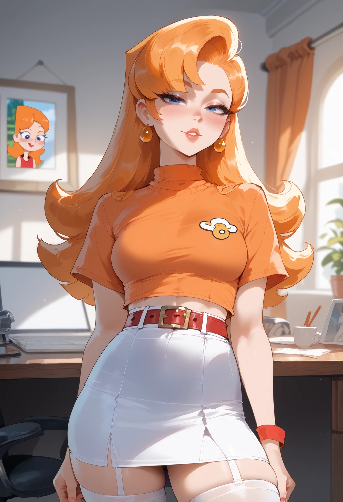 Candace Flynn, long hair, orange hair , across the width , seductive look, blushed, [At home, Orange blouse, white skirt, tall white stockings , red belt. Raise your skirt a little with your hands Toon style