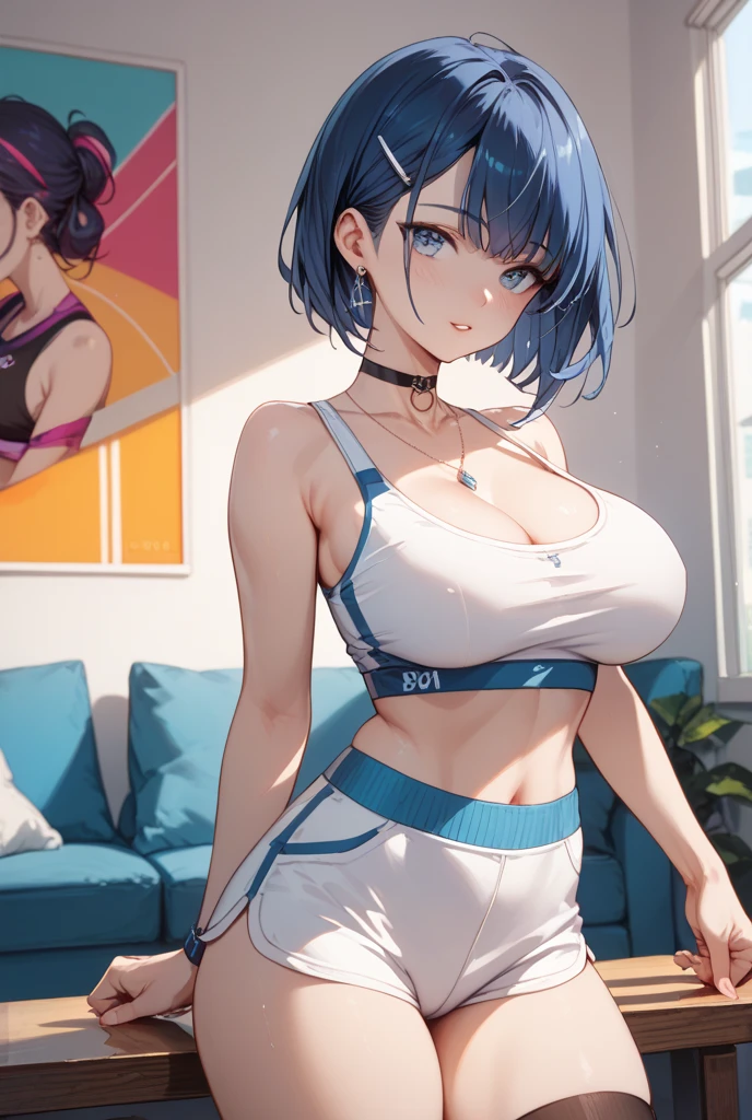 masterpiece、Highest quality、High resolution、Gym、グルーシャ as a woman、solo、1 female、Big Breasts、A woman with very large breasts、Her hairstyle is long、Light blue, Half Up, There is a green gradient.、Black sports bra、Black yoga pants、sports bra with an black、yoga pants with an black、sports bra and yoga pants only、Are standing、looking at viewer、Cowboy Shot、(female body:1.3)、