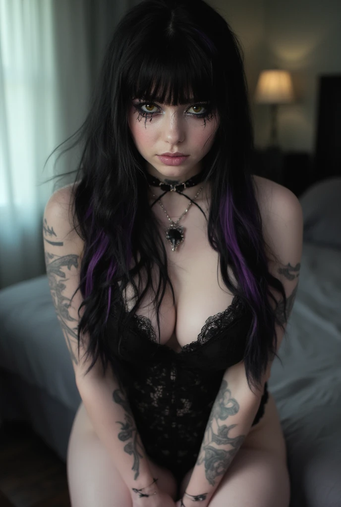 full body, nude, sexy, 22 years goth girl in front of mirror. Inside house shot. Realistic, taken with a Samsung cellphone
