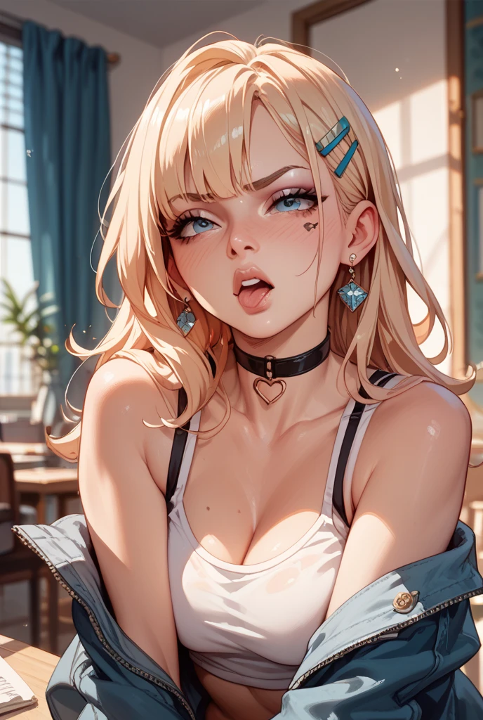 Apply color only to specified areas, Attitude to tolerate vibration and excitement, face and head { a long-haired ponytail, blonde hair color, orange color eyes, a red flush, A coy yet provocative and sultry expression. ((lip biting-sensually nibbling on the lower lip:1.2)), ((clear skin:1.2)), ((a sweaty face, sweaty hair : 1.4)), } body { a sexy summer highschool-uniform, ((a sweaty body, a sweaty shirt : 1.4)), ((Sporting a white training jacket in shrobing style, exposing the shoulders while draping it over : 1.2)), bir breast, a thin figure, skinny and delicate fine muscles, ((clear skin:1.3)), toned abs, ((Cameltoe is clearly visible beneath the slightly lifted skirt : 1.2)), the thighs of slim legs,} background { (( 상세한 학교 체육관 background : 1.3))}