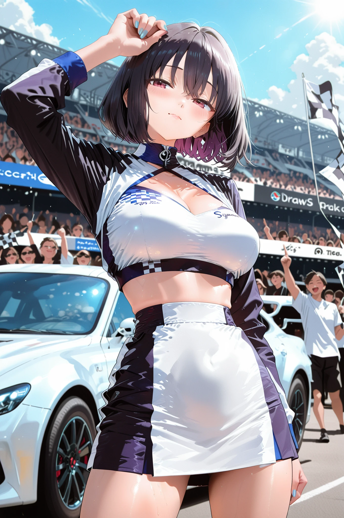 MASHIROTOUKO, BLACK HAIR, LOW TWINTAILS, HAIR OVER SHOULDER, HAIR RIBBON, BLUNT BANGS, LONG HAIR, BLACK EYES, 1girl, solo,  large breasts., crying , nipple,　Expressway, Riding a bike
