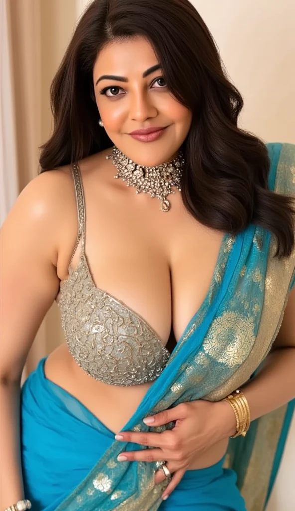 A gorgeous 25-year-old BBW in an 8k, ultra-detailed cinematic photo. She has a glowing chest, perky breasts, and a curvy figure. Her makeup is flawless, with long mascara and thick eyebrows. She wears a colorful Lehenga Bralette with intricate patterns and has voluminous curly hair. Her direct gaze at the camera is captivating.