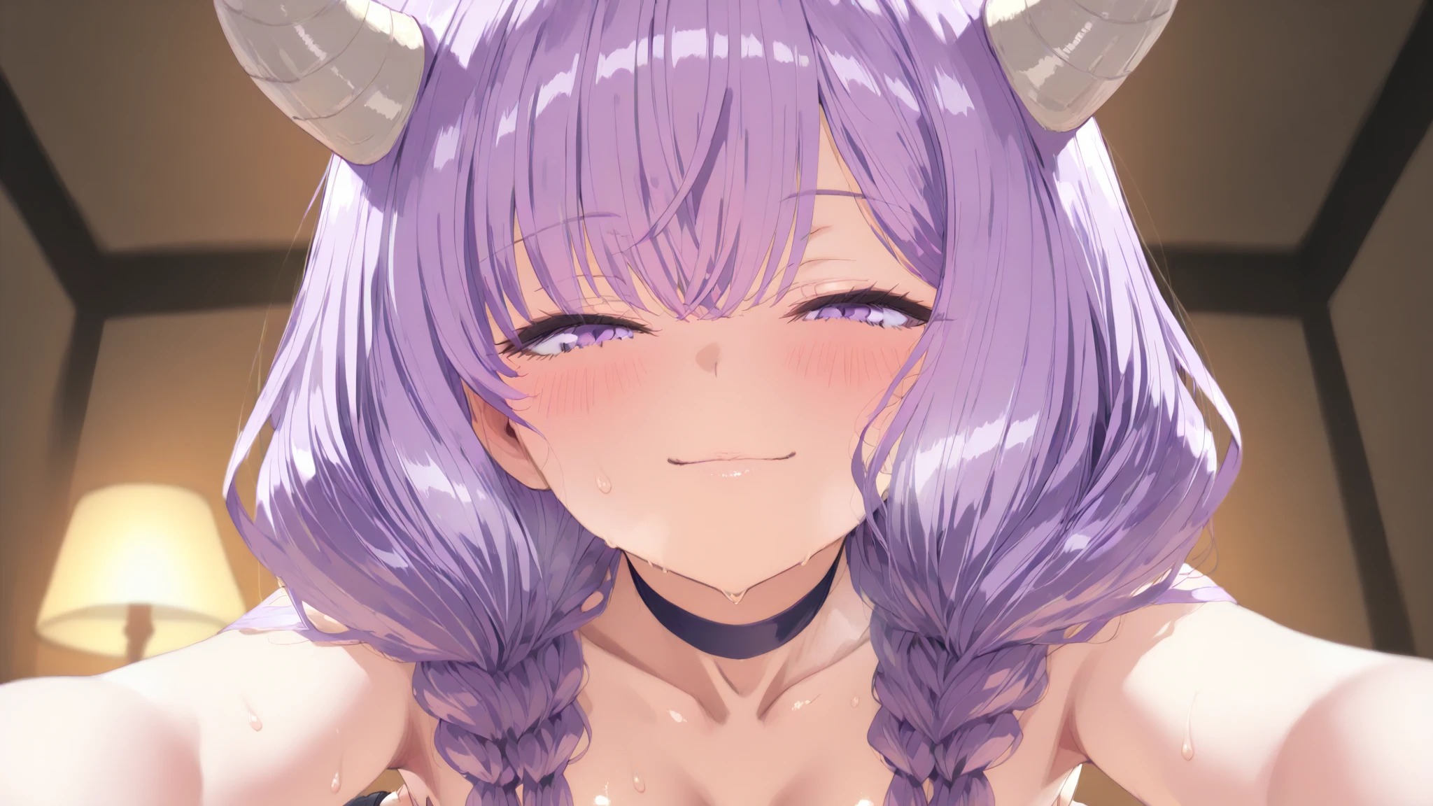 ((masterpiece, best quality)), high resolution,ultra detailed, detailed background,8k,16k,perfect lighting,detailed beautiful eyes,1girl,nsfw,perfect beautiful pussy,embarrassed,blush,look at viewer,aroused,(pov:1.4),(close up face:1.1),(steam,sweat,from front, from above:1.2),1boy,1penis,(oral sex),(deep fellatio,hetero:1.4),:>=,(penis in mouth),tear,cum in mouth,aura the guillotine, long hair, (purple eyes:1.1), purple hair, braid, horns, twin braids,(small breast,child_body)