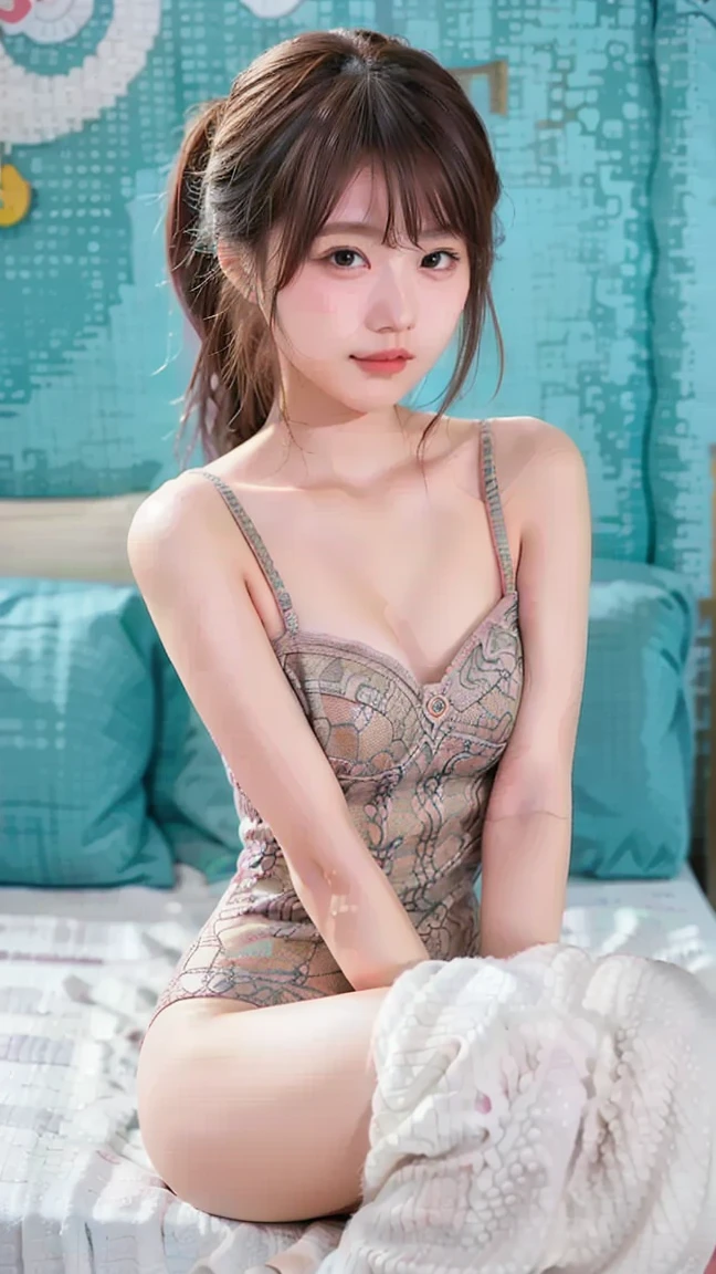 masterpiece、Sheer spring dress, Light tulle, medium breast, (anatomically correct), Bedroom、Small and cute face、Embarrassing、(Looking at the camera)、Smooth, Soft and delicate skin、beauty、Highest quality、very cute、Japanese women、Perfect body、Slender、Natural Makeup、16 years old, (Embarrassing:1.3)、(blush), (High resolution、8K:1.1)、(half updo:1.1)、On the bed、sit, (wariza), Wearing high heels、show off nipple