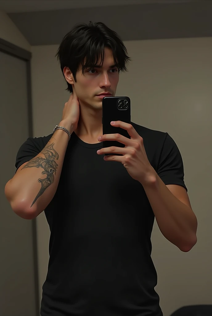 a 17 year old boy with short black hair,intense blue eyes,intense gaze,defined facial features,no facial hair,tall muscular physique with broad shoulders and V-shaped body,wolf tattoo on right arm,full body focus,completely hairless, peito grandes, musculoso 
