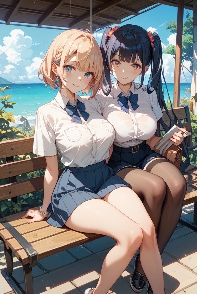 nice hands perfect hands, ((from below)), 8K, ultra-high res, masterpiece of best quality, professional-grade illustration, ((1boy,1girl, 15 years old, couple sitting)), (a girl is shiny brown under pigtails hair, beautiful detailed eyes, drunken eyes, smile, open mouth, large breasts, bursty, cleavage, wearing school girl summer uniform), (a boy is ikemen, school boy summer uniform), (background: train, sea view from the window, close-up sea, train strap, seat, School bag in the seat)