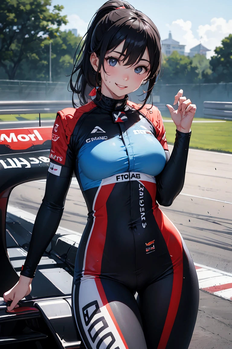 (((Eating Donuts))), (((Racer suit, skirt))), (Shiny Costumes))), (Navel), skindentation, skinny, solo, 1 woman, Masterpiece, highest quality, highest quality, 16K, incredibly absurd, highly detailed, 2.5D, ai-generated, delicate and dynamic, very delicate facial expressions, delicate eye depiction, erotic, only sexy woman, ((A cute and kind face)), healthy figure, ((25-year-old woman)), 160cm tall, medium firm swaying bust, blush, Sweat,Embarrassed,sexy, ((thin thighs)), (camel toe:0.7), (visible nipples:0.5), (Erect nipples,:0.7), shiny and lustrous, facing straight at viewer, (((in heat))), ((Oily_skin)), ((dutch angle)), ((erotic pose)), ((holding Donuts)),