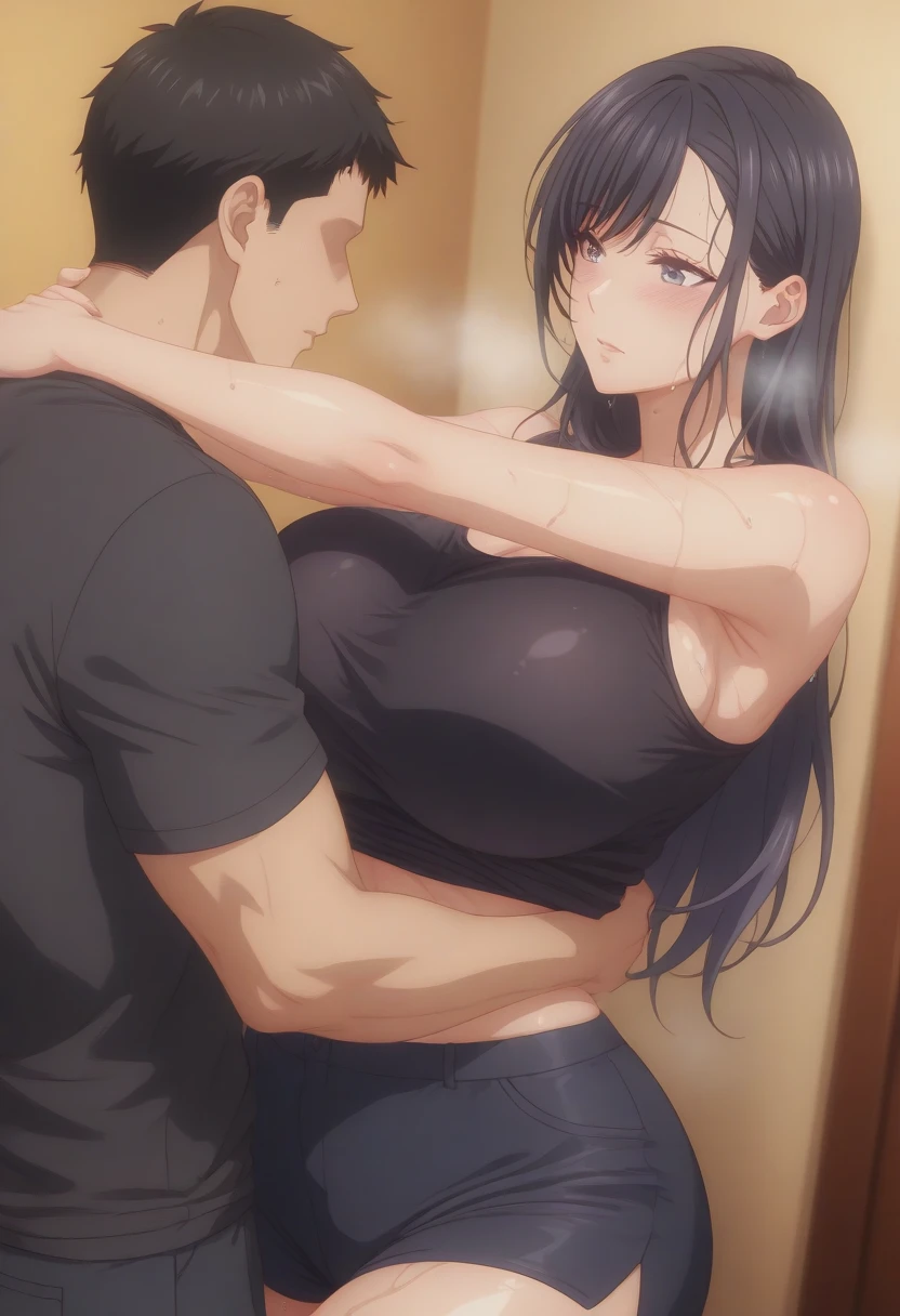 1 milf & 1 man, a milf doing sex with a man, sex scene, purple and slightly black hair, wearing a black tank top, cynical look, angry face, white background, erotic, full body