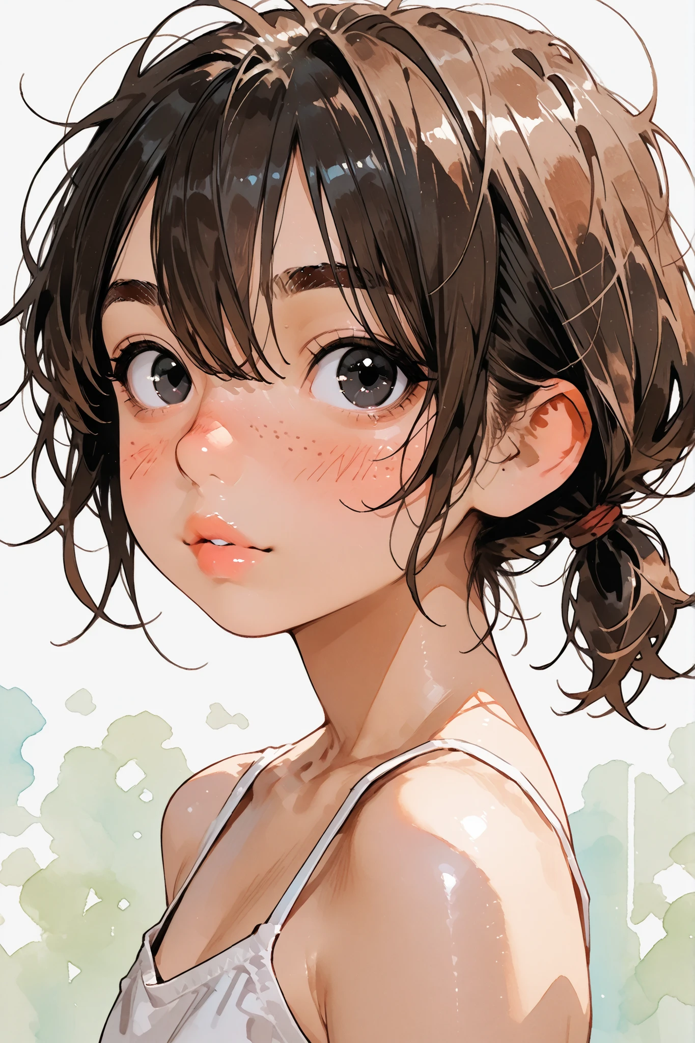 1girl,Super Detailed,absolute resolution,(dynamic angles),(tanned skin:0.3),(portrait),(pinup),(close-up),from side, Beside viewer,
white Spaghetti Strap Camisole,
detailed and beautiful face and eyes,black eyes,big eyes,(Freckles:0.8),((Thick eyebrows)),Japanese girl,flat chest,(round nose:0.5),
brown hair, low ponytail,short ponytail,choppy bangs,hair over both eyes,messy hair,
(blush:0.8),(nose blush:0.8),(Thick lips:0.8),(parted lips:0.7),Watercolor anime,