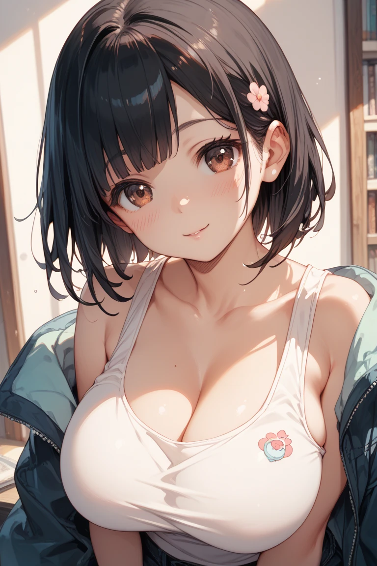 girl in summer clothes, white t-shirt, shorts, pantyhose or long stockings, making like she wants to kiss you, view from viewer, medium breasts, cleavage, random backgroud, flirtatious look, ((very detailed)), (perfectly detailed face), (well detailed hand) photorealistic image.