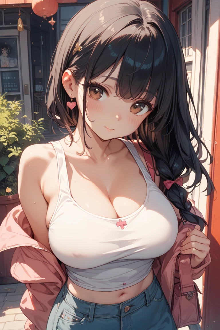 a girl in valentine's day waiting for her boyfriend showing her boobs, sexy yoga shorts, ((detailed)), festival landscape or cityscape, medium breasts, flirtatious, ((very detailed)), perfectly detailed face, detailed hand, photorealistic image.